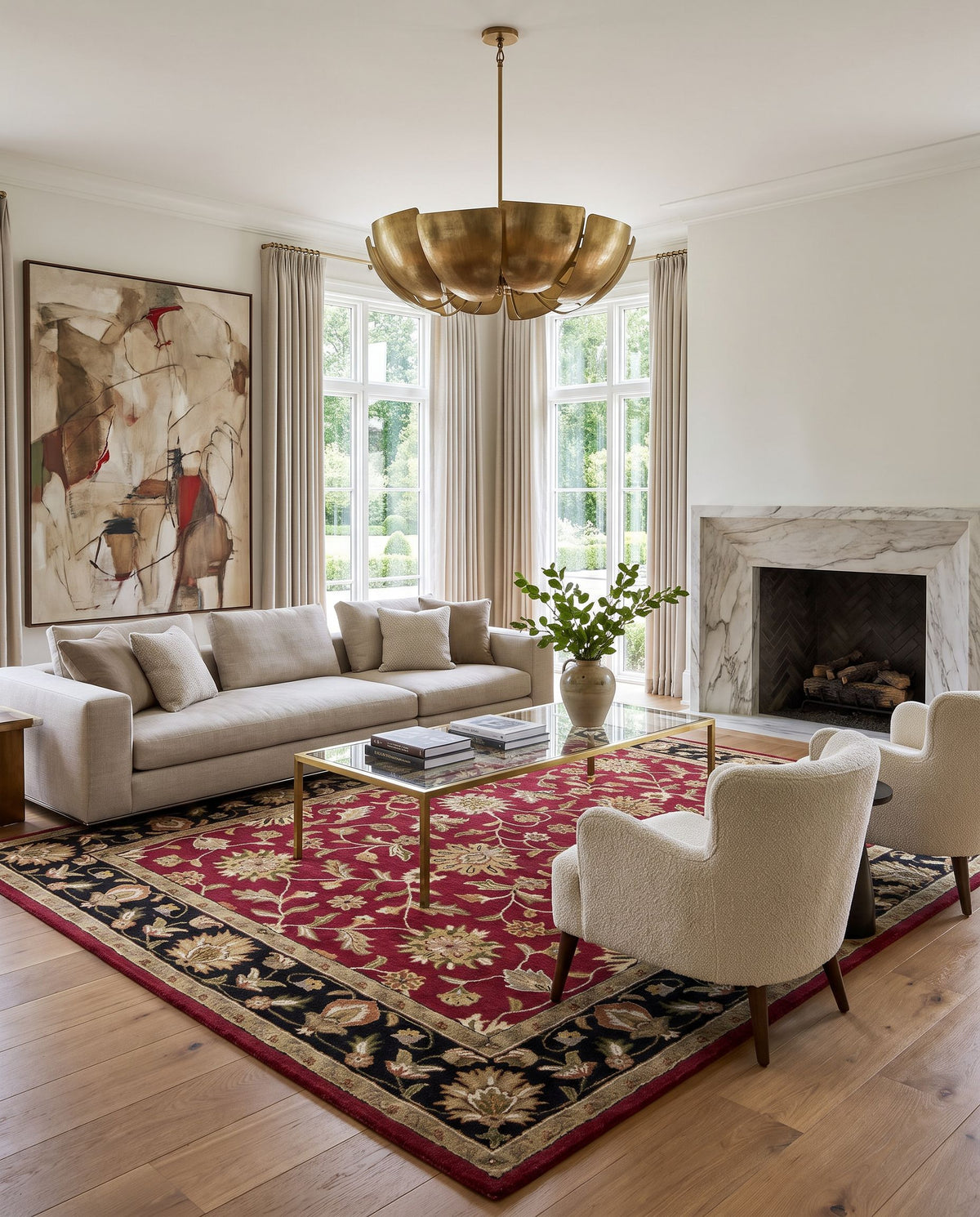 Kiruna Hand Tufted Rug styled in an elegant designer living room — hand tufted traditional area rug in burgundy, black, brown and light beige tones