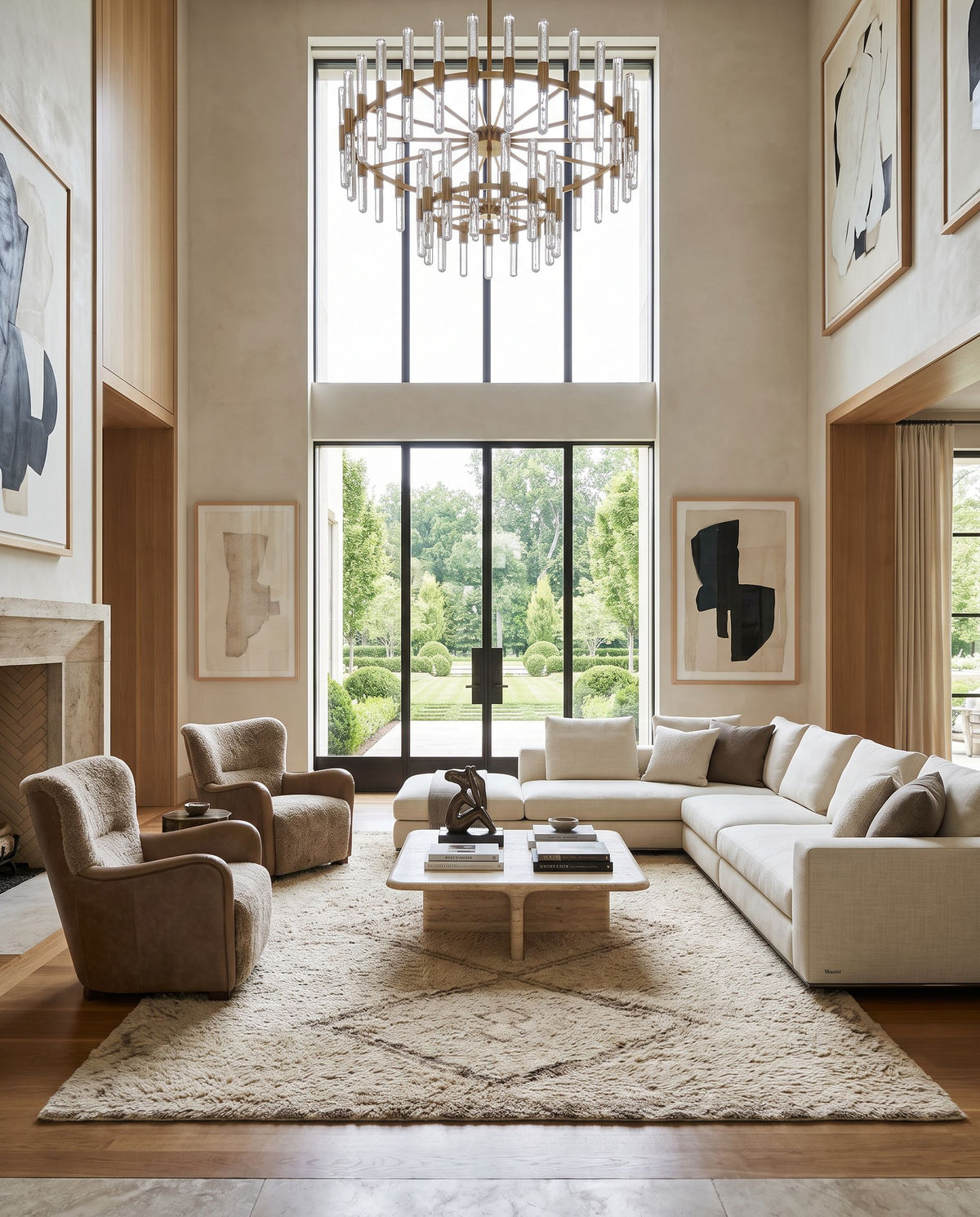 Kythira Hand Tufted Rug styled in an elegant designer living room — hand tufted global area rug in beige, taupe, sand and cream tones