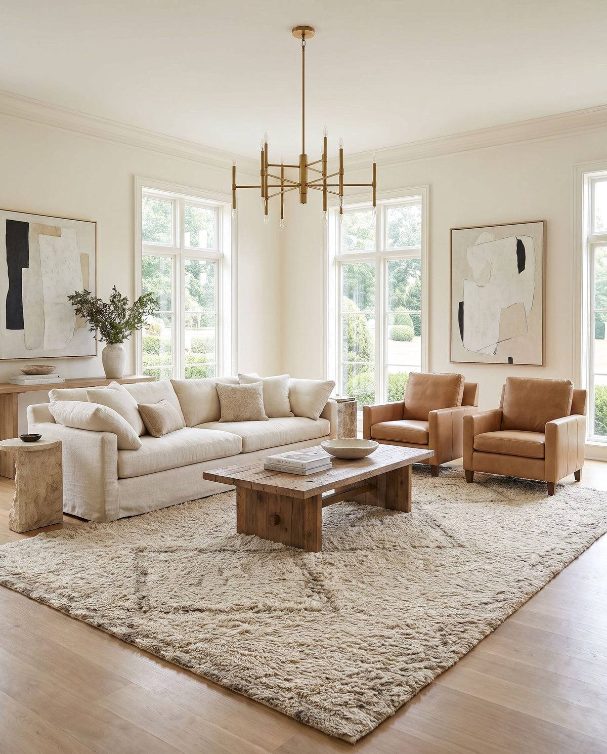 Kythira Hand Tufted Rug styled in an elegant designer living room — hand tufted global area rug in beige, taupe, sand and cream tones