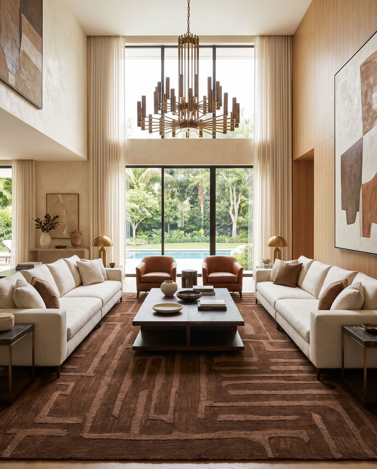 Leros Hand Tufted Rug as the centerpiece of a bright luxury living room — a hand tufted modern area rug in warm neutral tones
