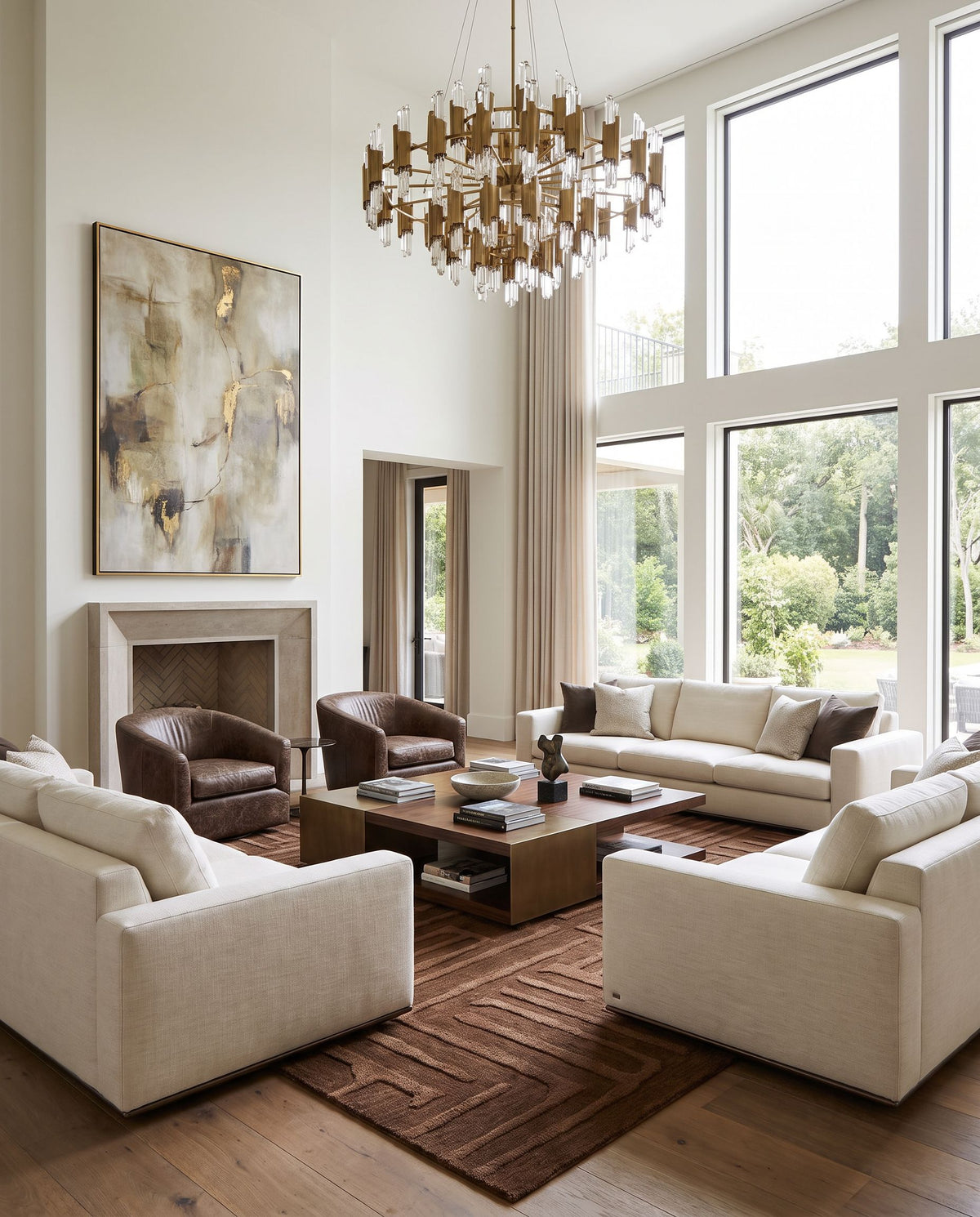 Leros Hand Tufted Rug styled in an elegant designer living room — hand tufted modern area rug in warm neutral tones