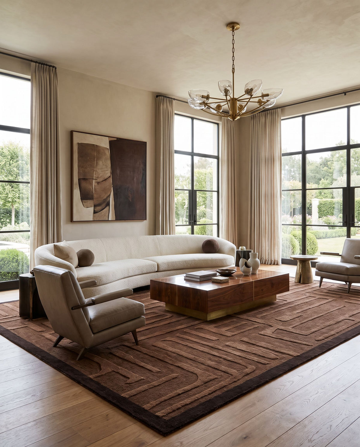 Leros Hand Tufted Rug styled in an elegant designer living room — hand tufted modern area rug in warm neutral tones