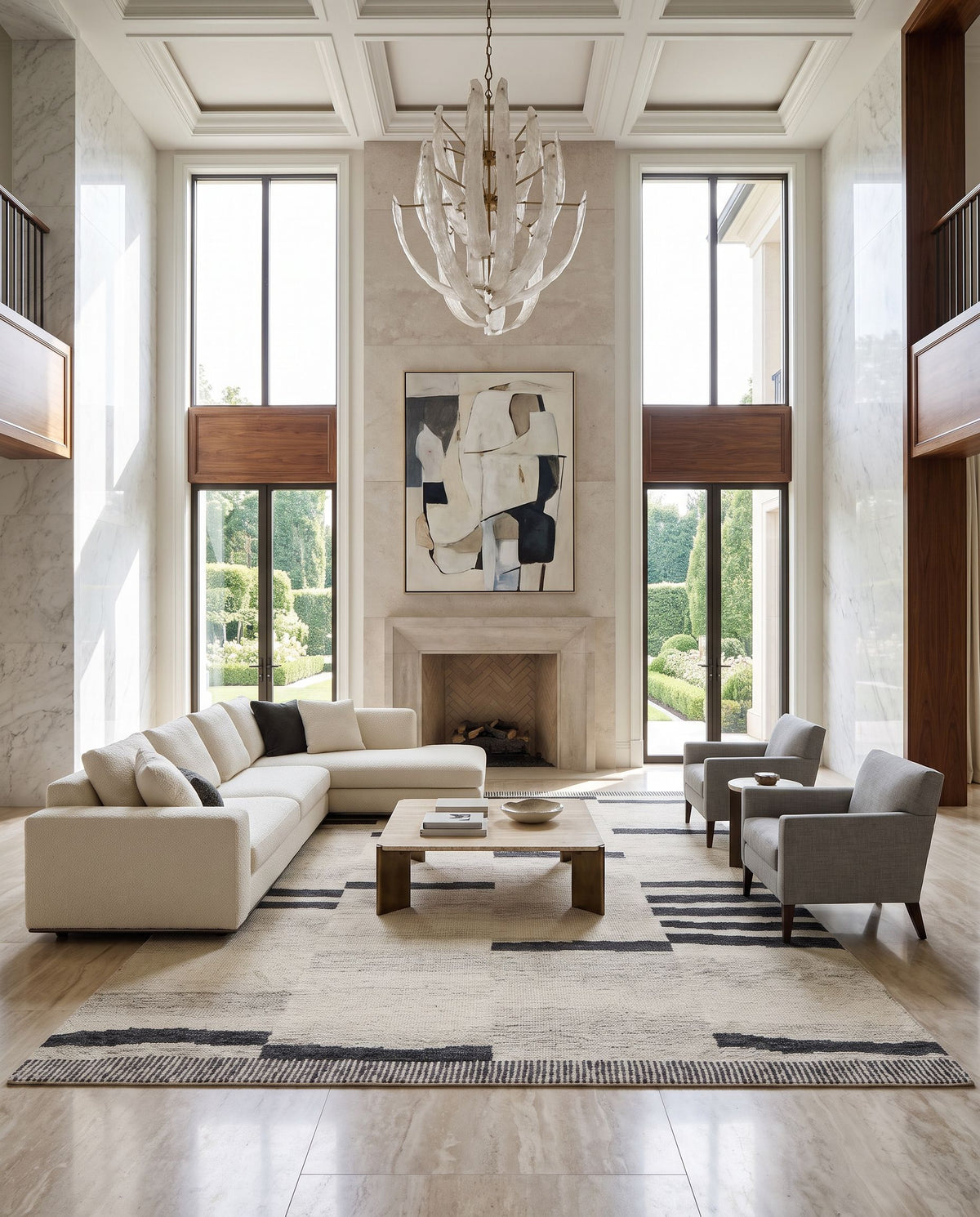 Lerici Hand Tufted Rug as the centerpiece of a bright luxury living room — a hand tufted global area rug in black, beige, taupe and charcoal tones