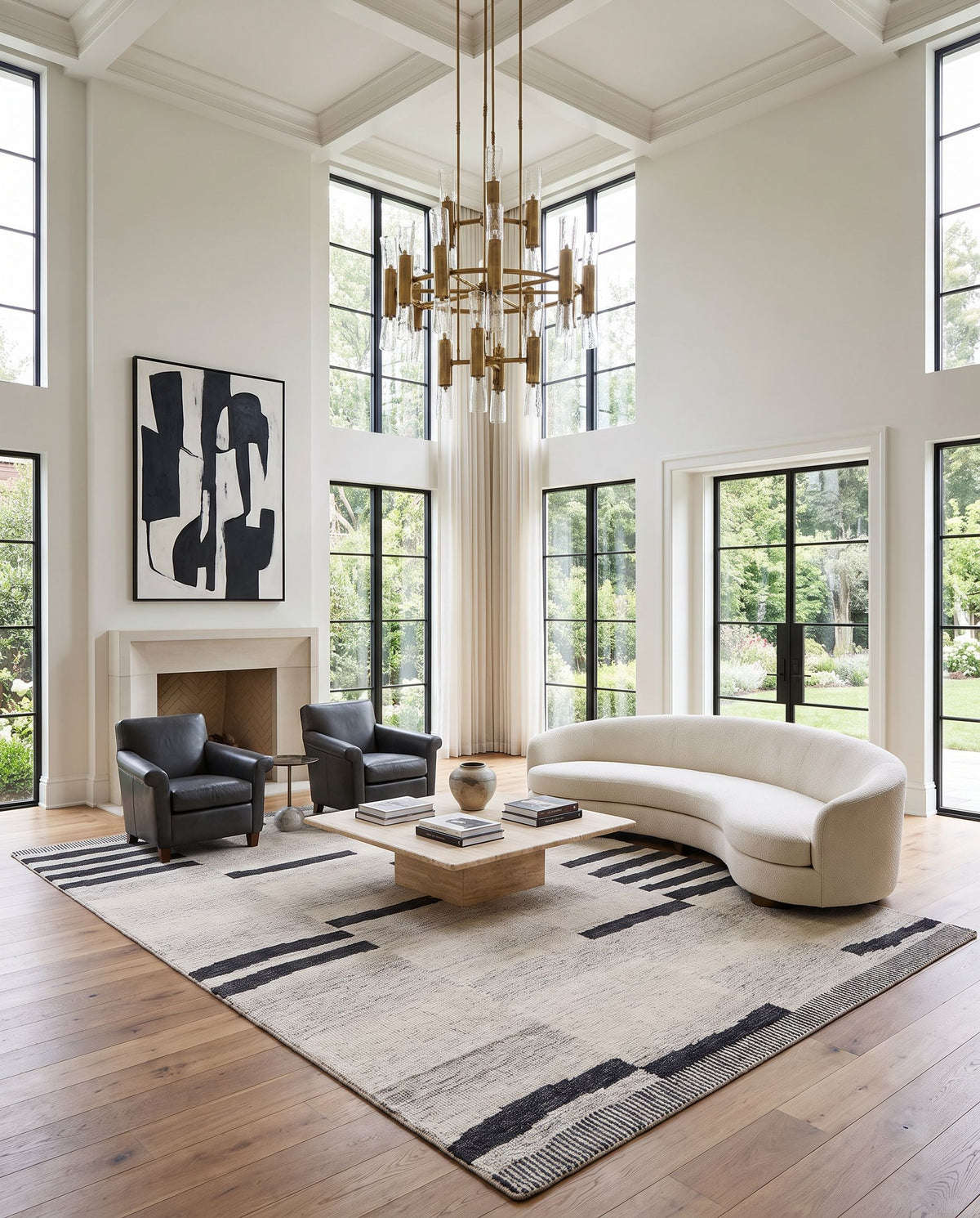 Lerici Hand Tufted Rug styled in an elegant designer living room — hand tufted global area rug in black, beige, taupe and charcoal tones