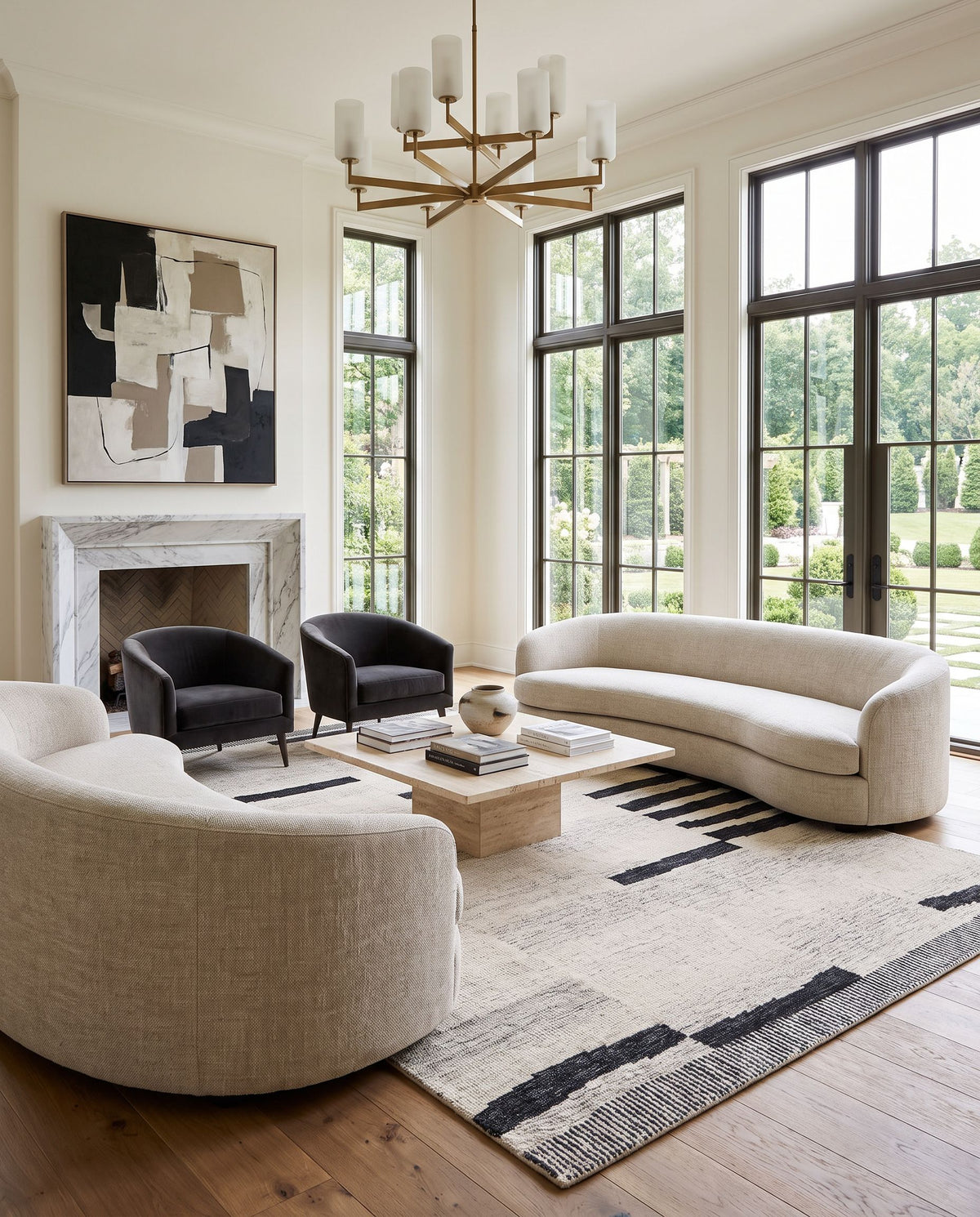 Lerici Hand Tufted Rug styled in an elegant designer living room — hand tufted global area rug in black, beige, taupe and charcoal tones