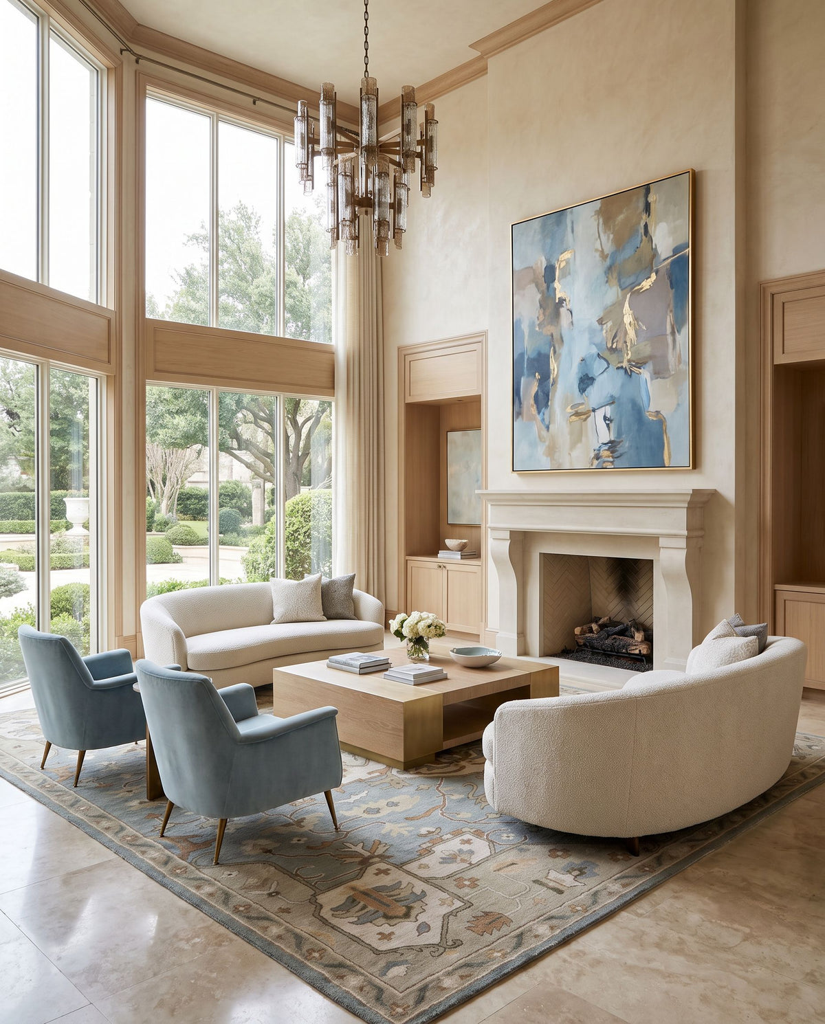 Meridian Hand Tufted Rug as the centerpiece of a bright luxury living room — a hand tufted traditional area rug in medium gray, beige, tan and sage tones