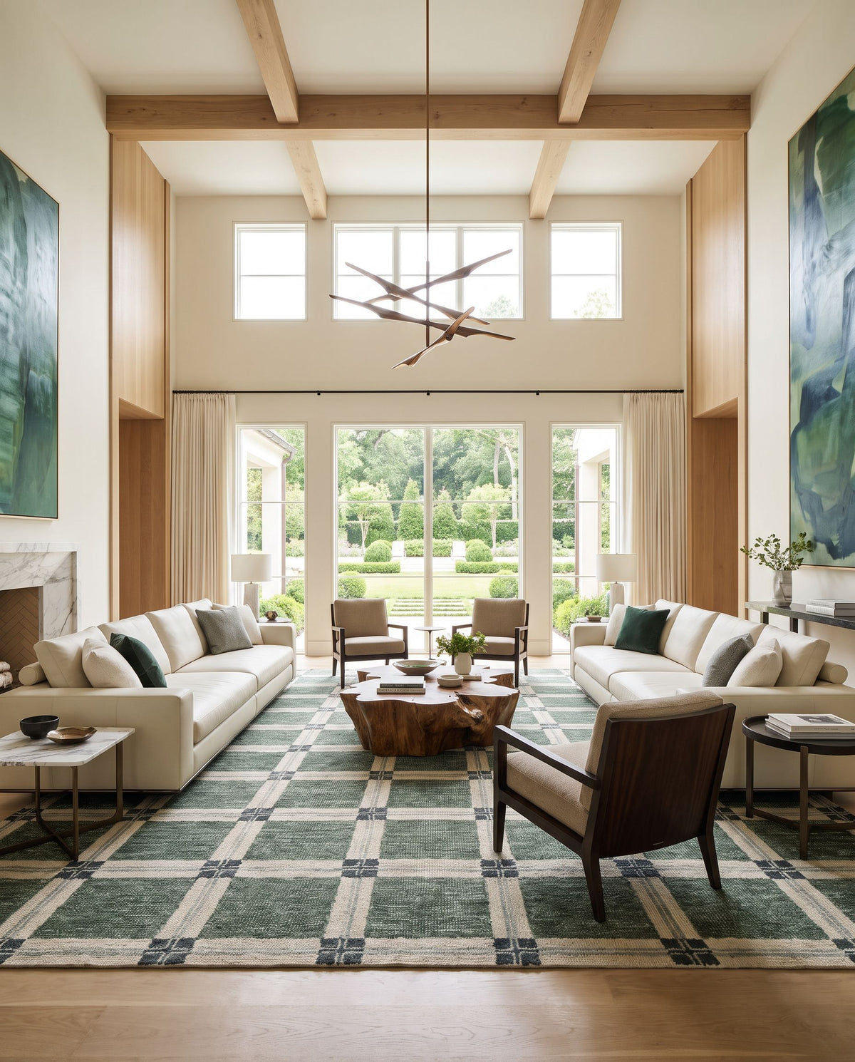 Mupto Hand Tufted Rug as the centerpiece of a bright luxury living room — a hand tufted modern area rug in warm neutral tones
