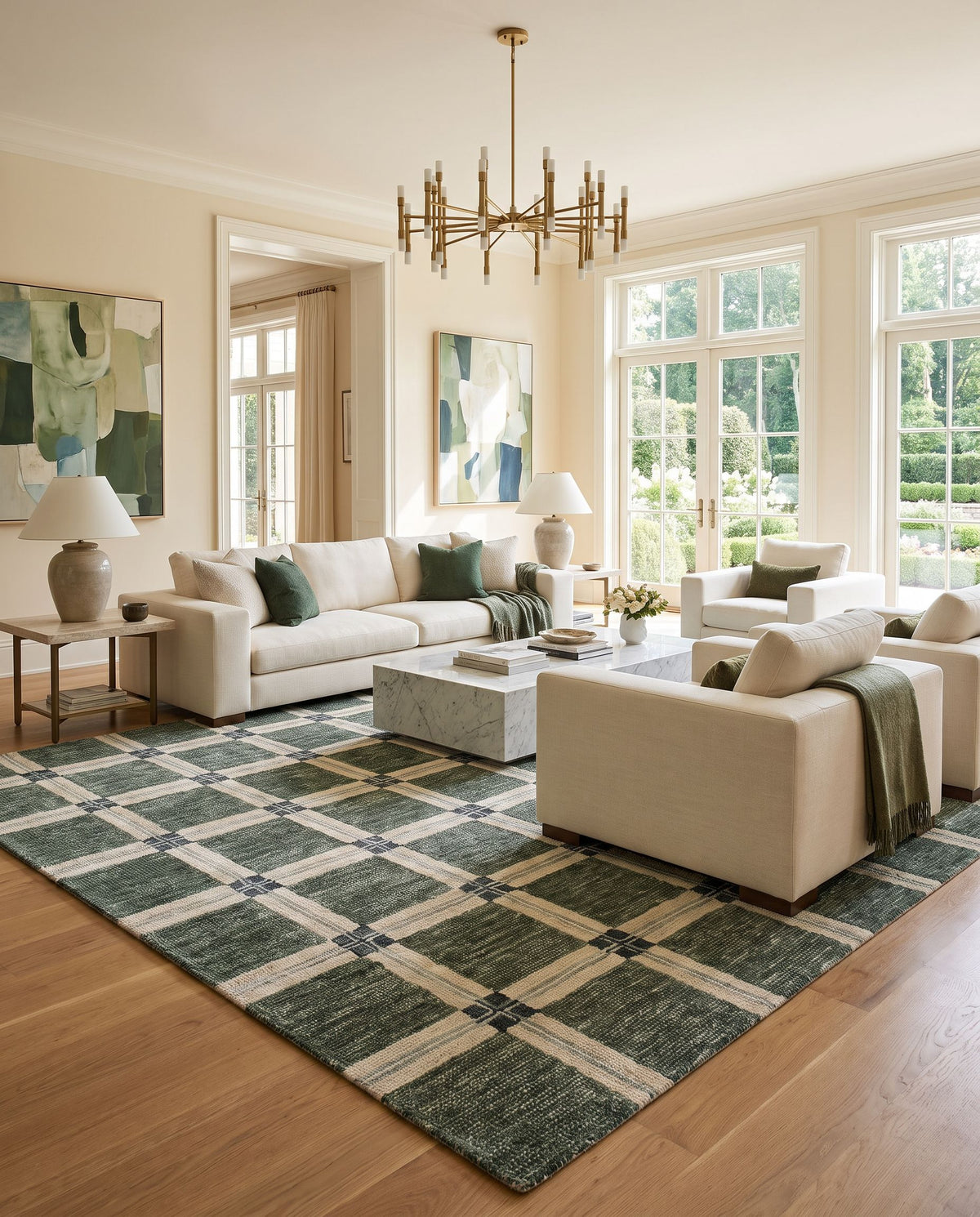 Mupto Hand Tufted Rug styled in an elegant designer living room — hand tufted modern area rug in warm neutral tones