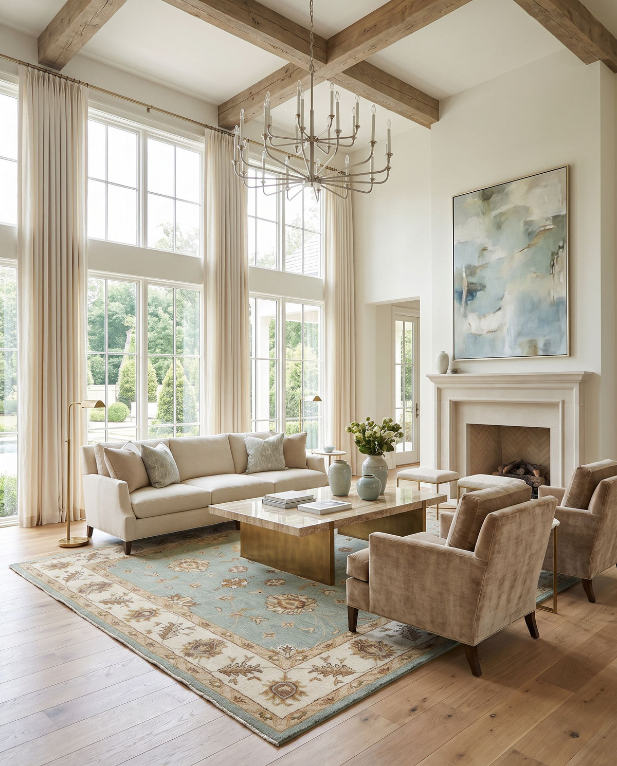 Naxos Hand Tufted Rug as the centerpiece of a bright luxury living room — a hand tufted traditional area rug in medium green, grass green, light beige and rust tones