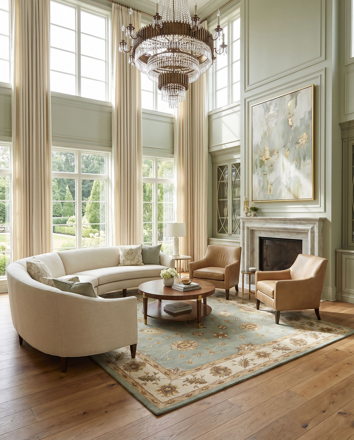 Naxos Hand Tufted Rug styled in an elegant designer living room — hand tufted traditional area rug in medium green, grass green, light beige and rust tones