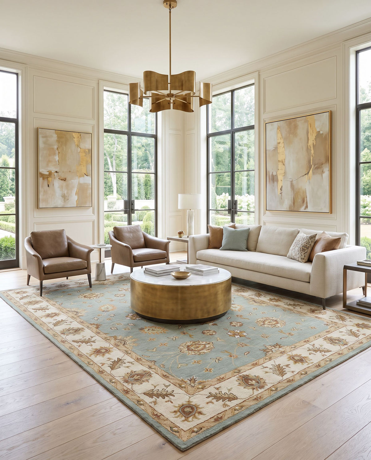 Naxos Hand Tufted Rug styled in an elegant designer living room — hand tufted traditional area rug in medium green, grass green, light beige and rust tones