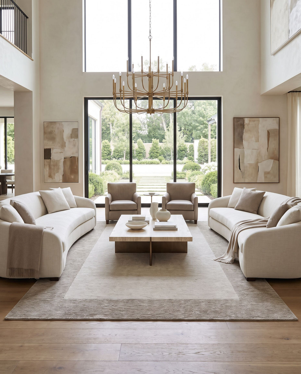 Nigde Hand Tufted Rug as the centerpiece of a bright luxury living room — a hand tufted modern area rug in beige and medium gray tones