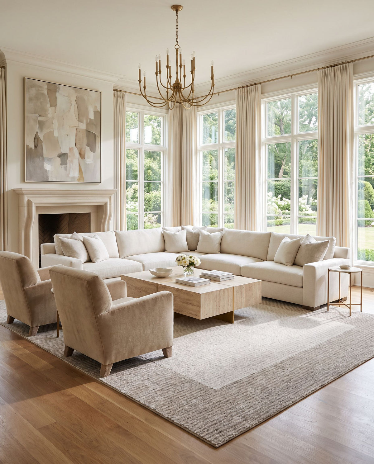 Nigde Hand Tufted Rug styled in an elegant designer living room — hand tufted modern area rug in beige and medium gray tones