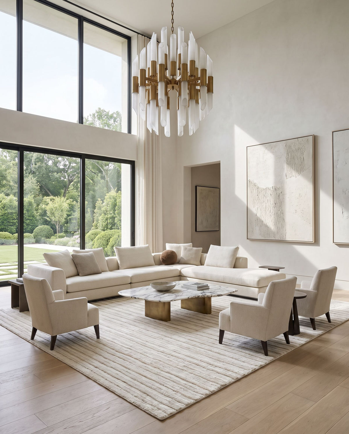 Noli Hand Woven Rug as the centerpiece of a bright luxury living room — a hand woven modern area rug in ivory, cream and beige tones