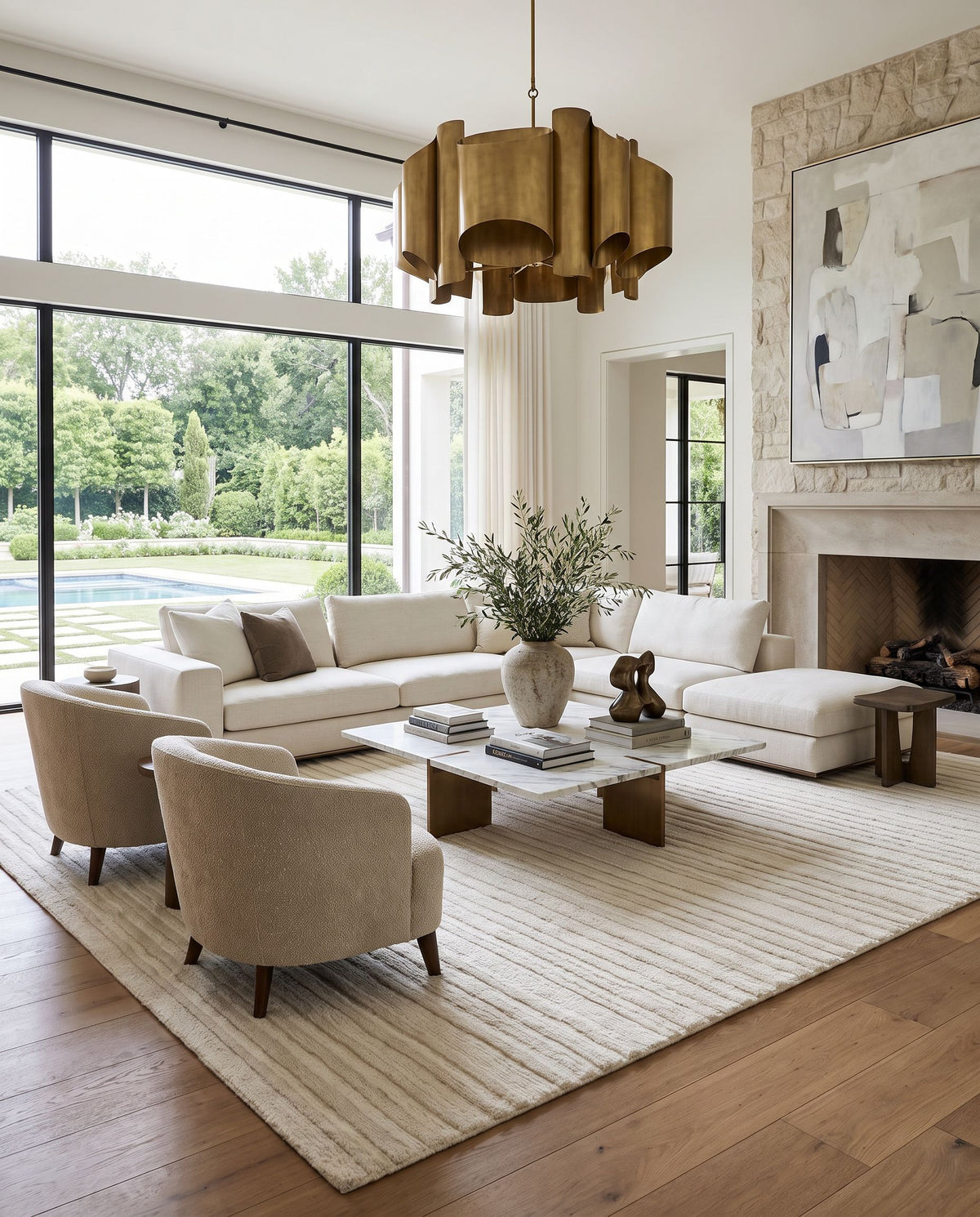 Noli Hand Woven Rug styled in an elegant designer living room — hand woven modern area rug in ivory, cream and beige tones