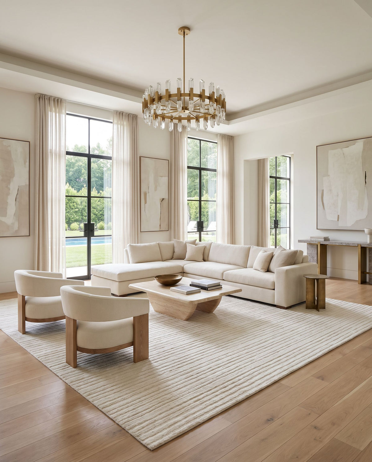 Noli Hand Woven Rug styled in an elegant designer living room — hand woven modern area rug in ivory, cream and beige tones