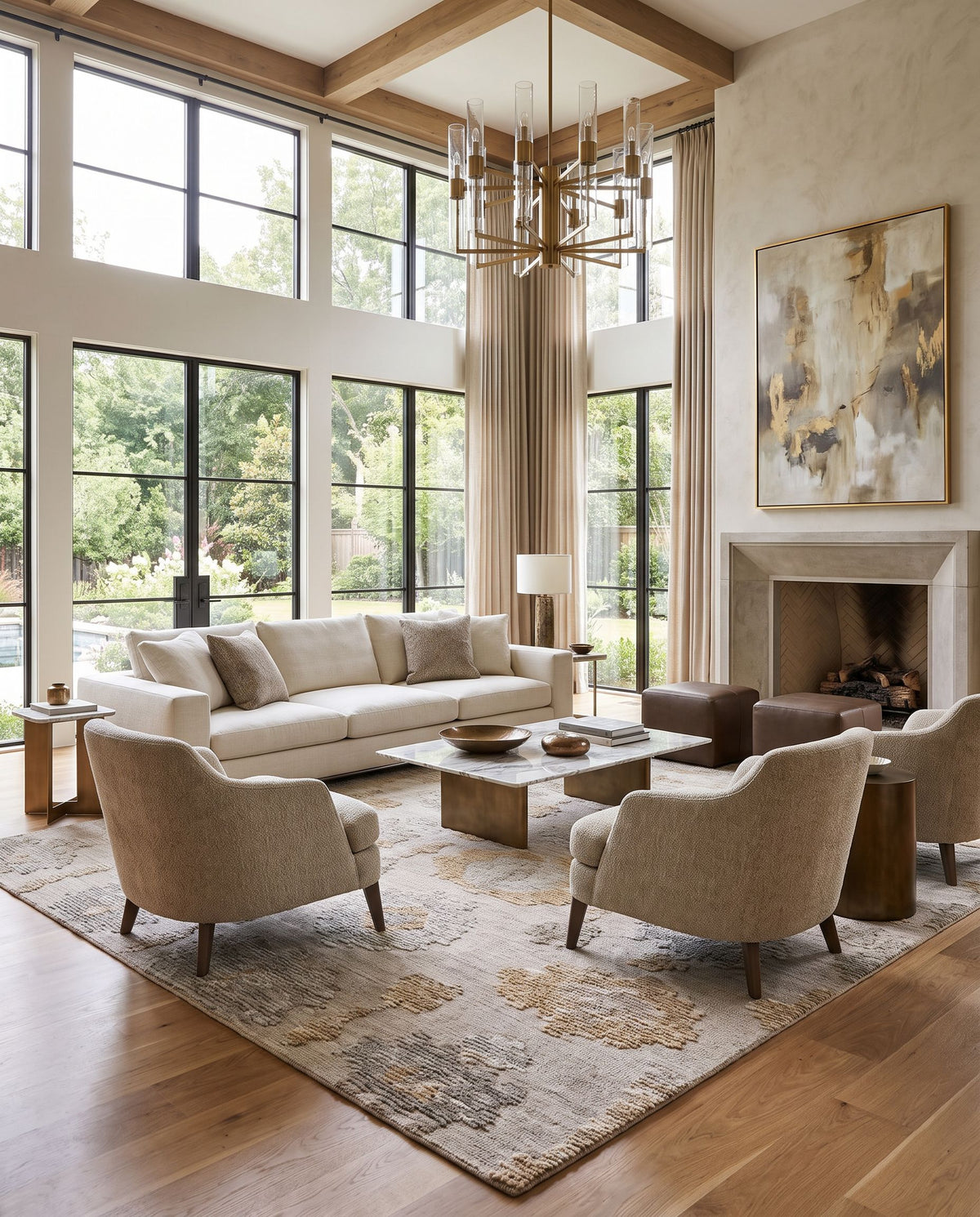 Narvik Hand Tufted Rug styled in an elegant designer living room — hand tufted traditional area rug in warm neutral tones