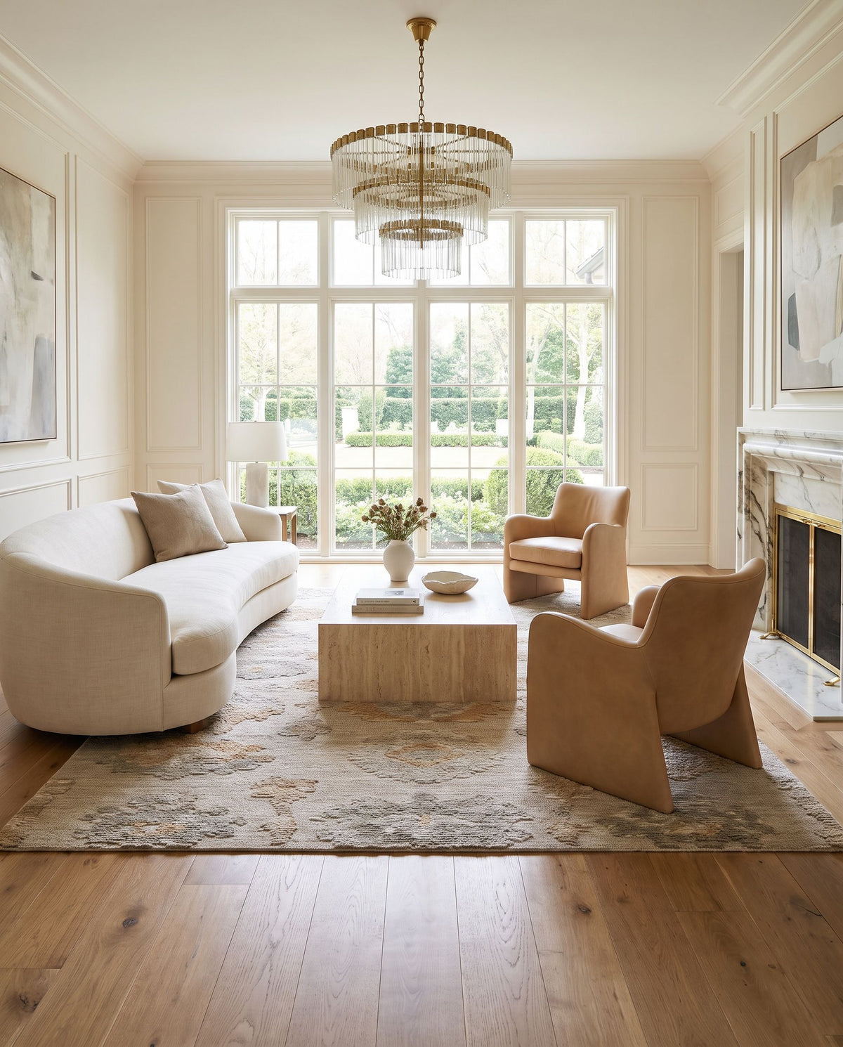 Narvik Hand Tufted Rug styled in an elegant designer living room — hand tufted traditional area rug in warm neutral tones