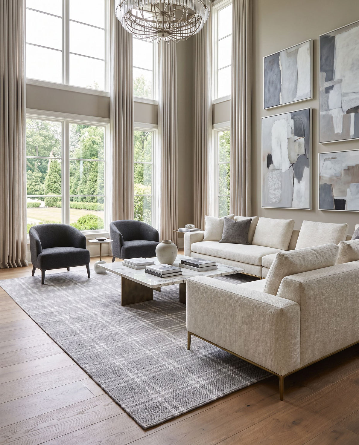 Obruk Hand Woven Rug as the centerpiece of a bright luxury living room — a hand woven modern area rug in warm neutral tones
