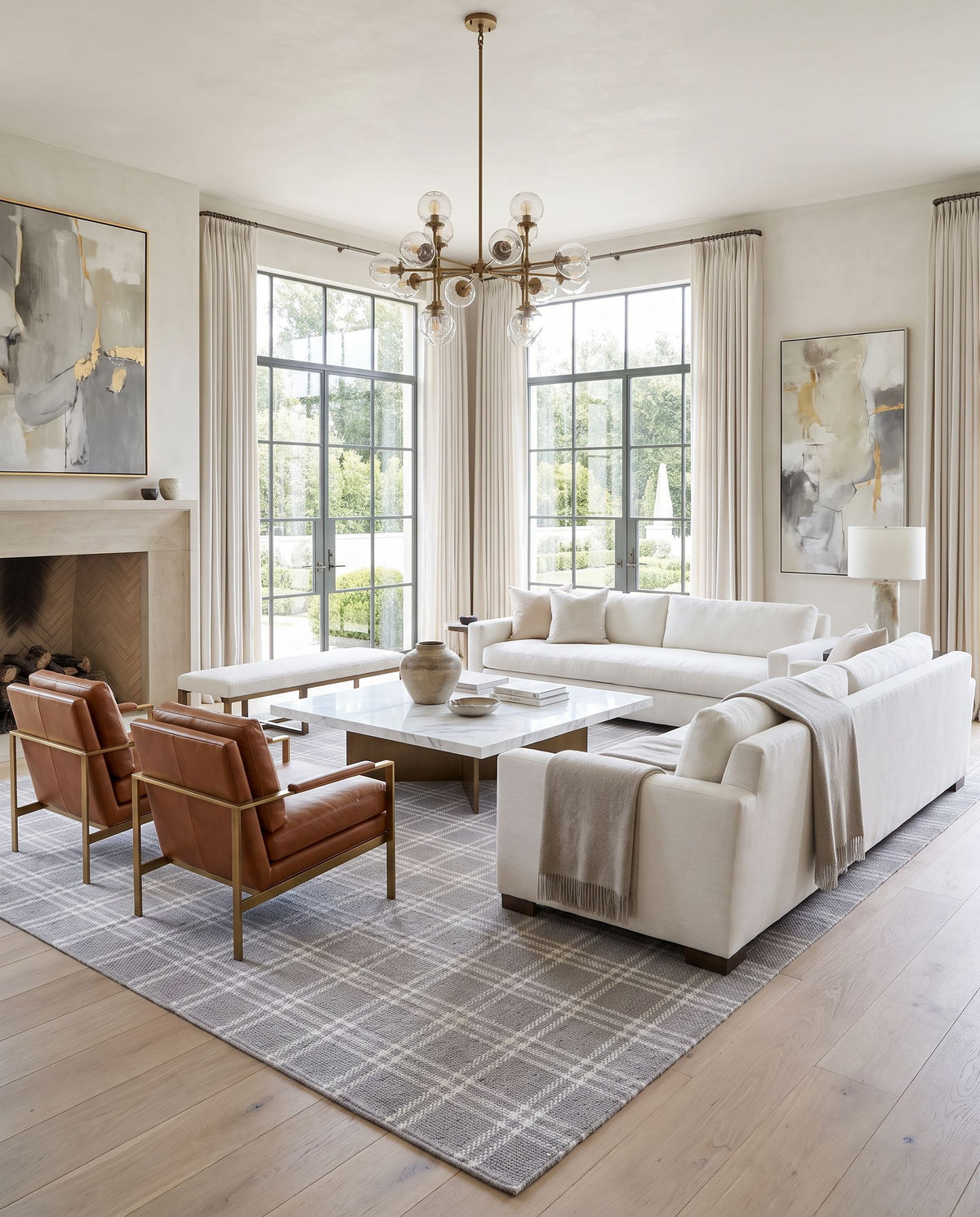 Obruk Hand Woven Rug styled in an elegant designer living room — hand woven modern area rug in warm neutral tones