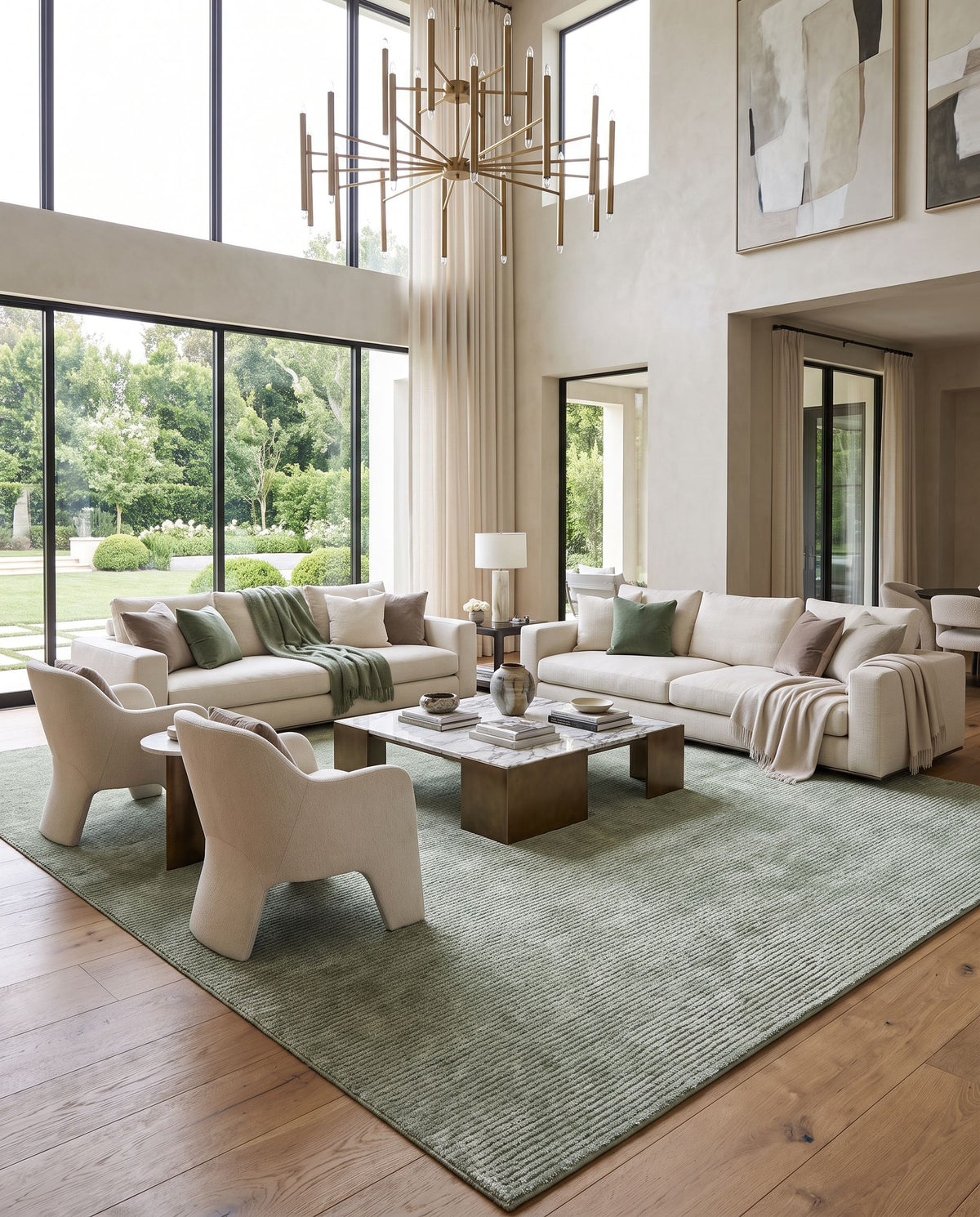 Ocotillo Hand Tufted Rug styled in an elegant designer living room — hand tufted modern area rug in sage green, moss and mint tones