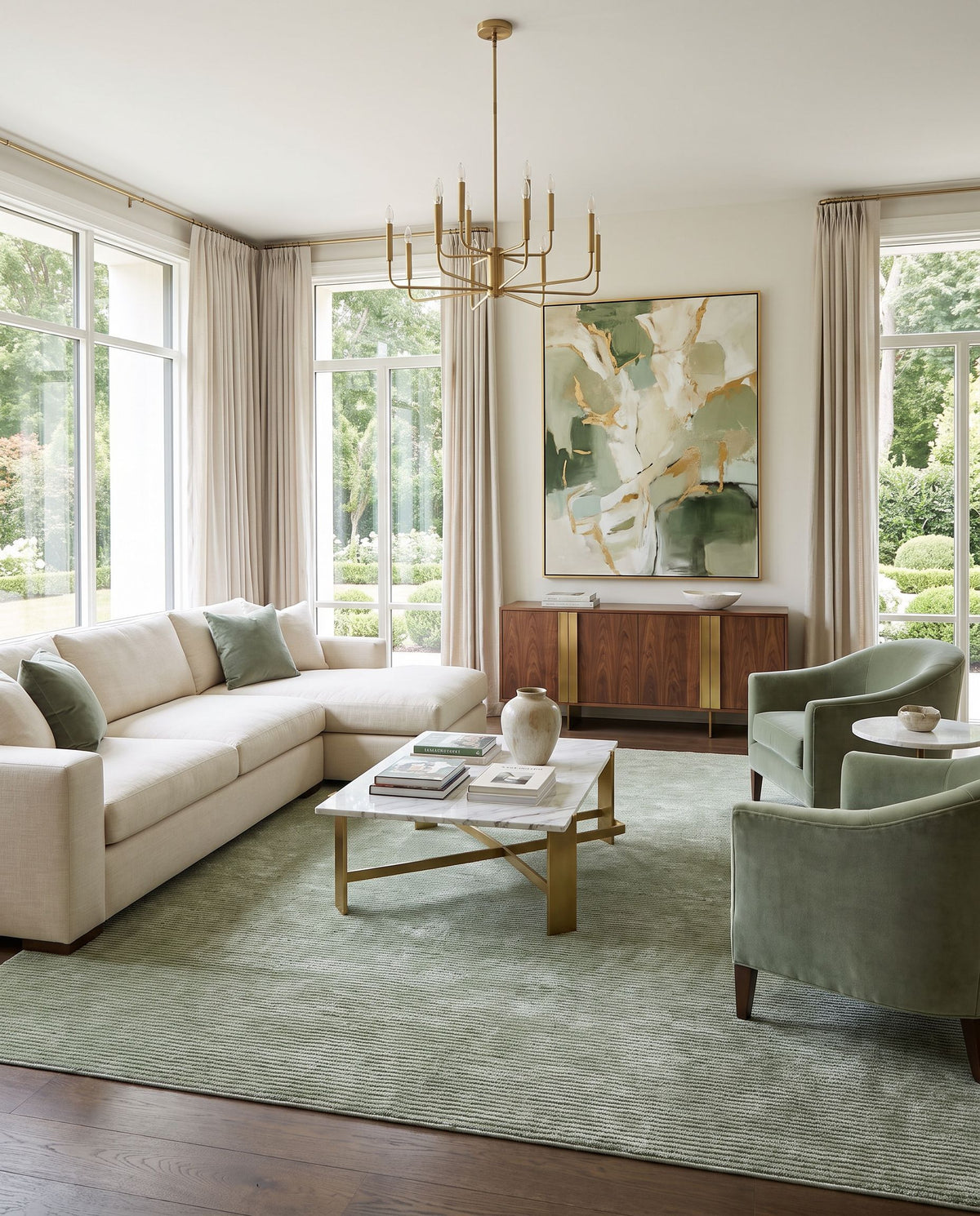 Ocotillo Hand Tufted Rug styled in an elegant designer living room — hand tufted modern area rug in sage green, moss and mint tones