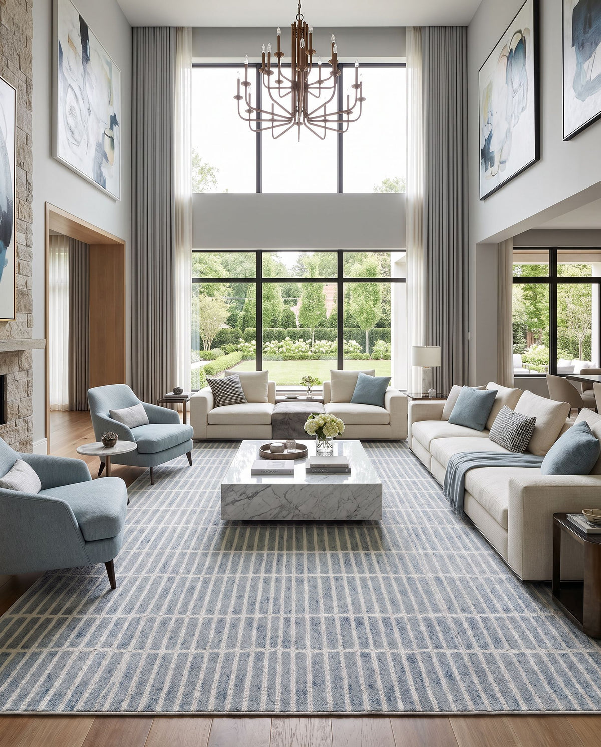 Odense Hand Tufted Rug as the centerpiece of a bright luxury living room — a hand tufted modern area rug in sage, slate and off-white tones