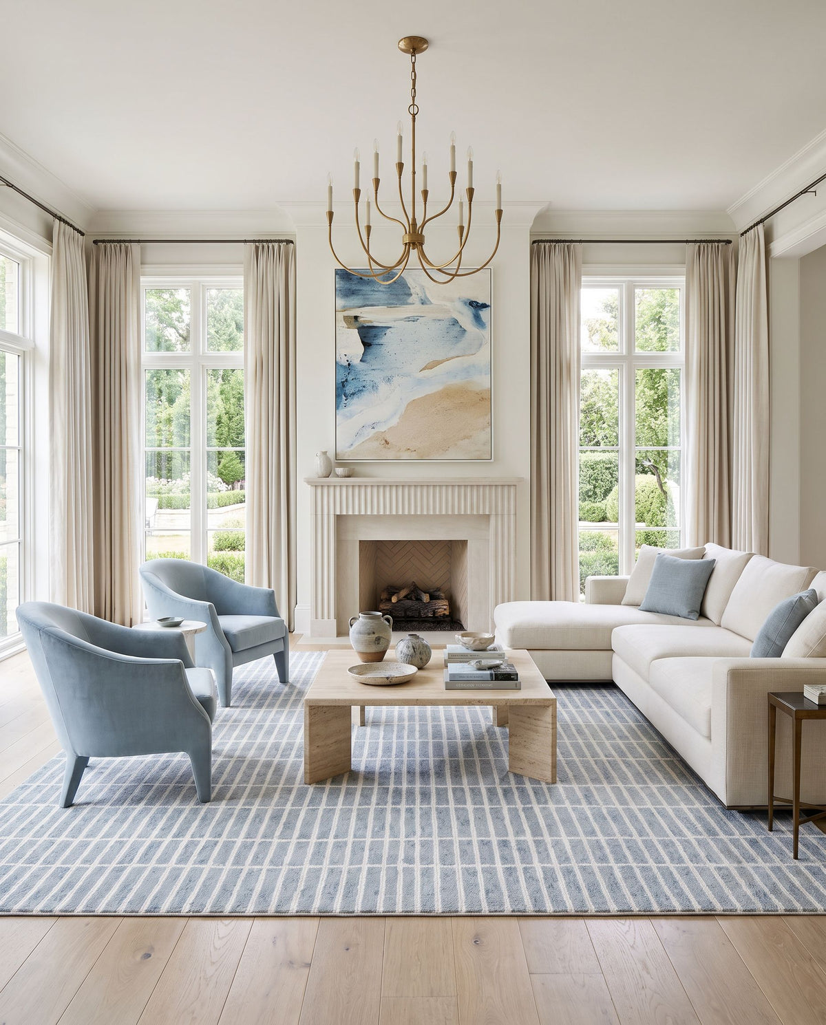 Odense Hand Tufted Rug styled in an elegant designer living room — hand tufted modern area rug in sage, slate and off-white tones