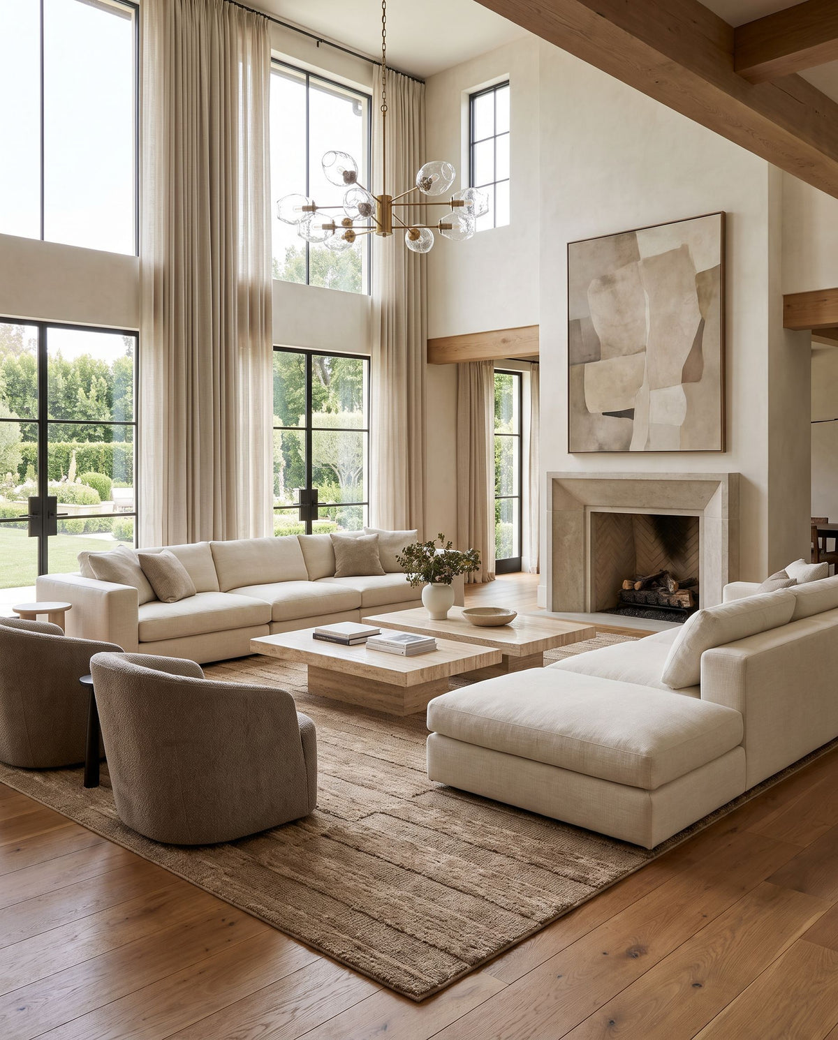 Ojai Hand Tufted Rug as the centerpiece of a bright luxury living room — a hand tufted modern area rug in beige, taupe and sandstone tones