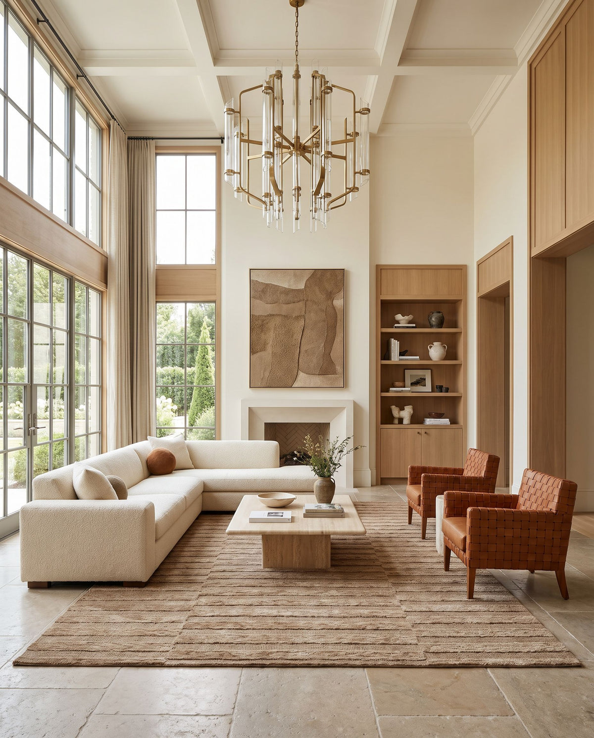 Ojai Hand Tufted Rug styled in an elegant designer living room — hand tufted modern area rug in beige, taupe and sandstone tones