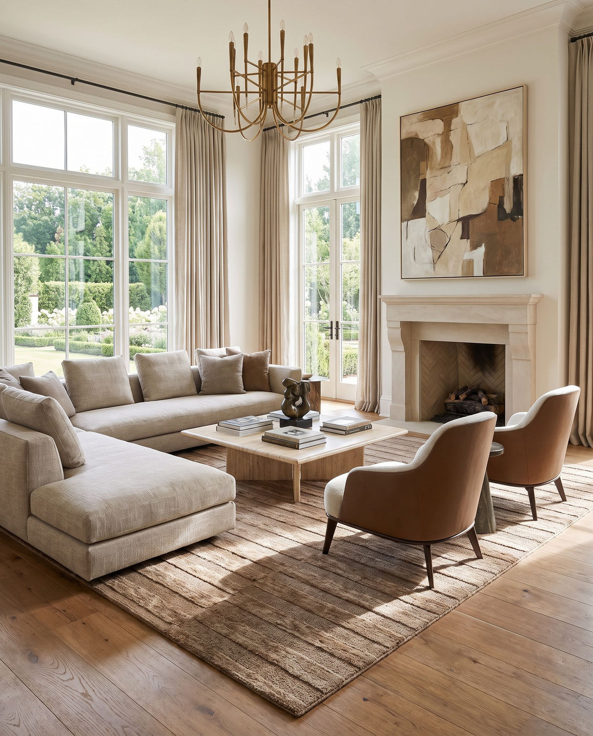 Ojai Hand Tufted Rug styled in an elegant designer living room — hand tufted modern area rug in beige, taupe and sandstone tones