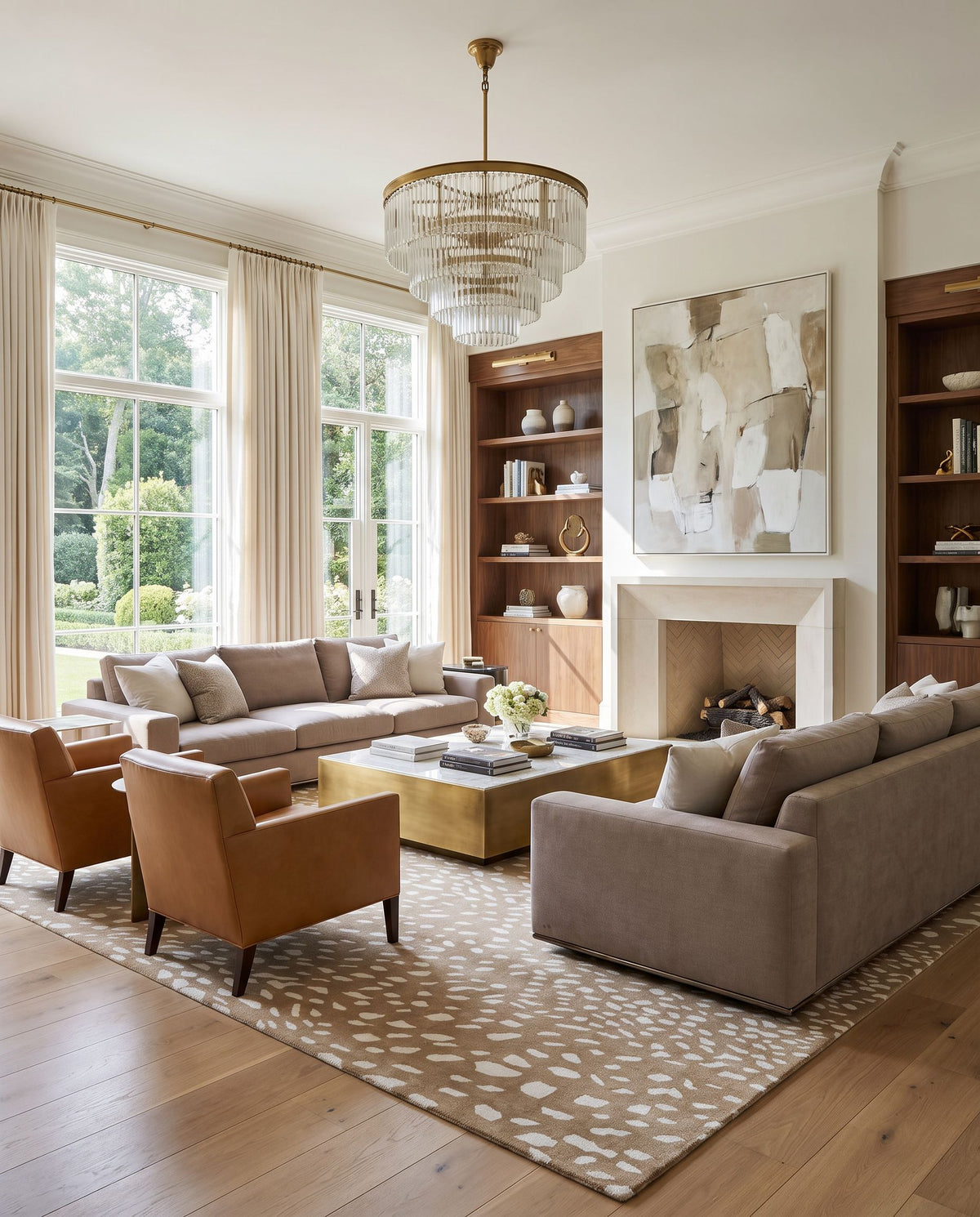Orebro Hand Tufted Rug styled in an elegant designer living room — hand tufted modern area rug in light brown, tan and cream tones