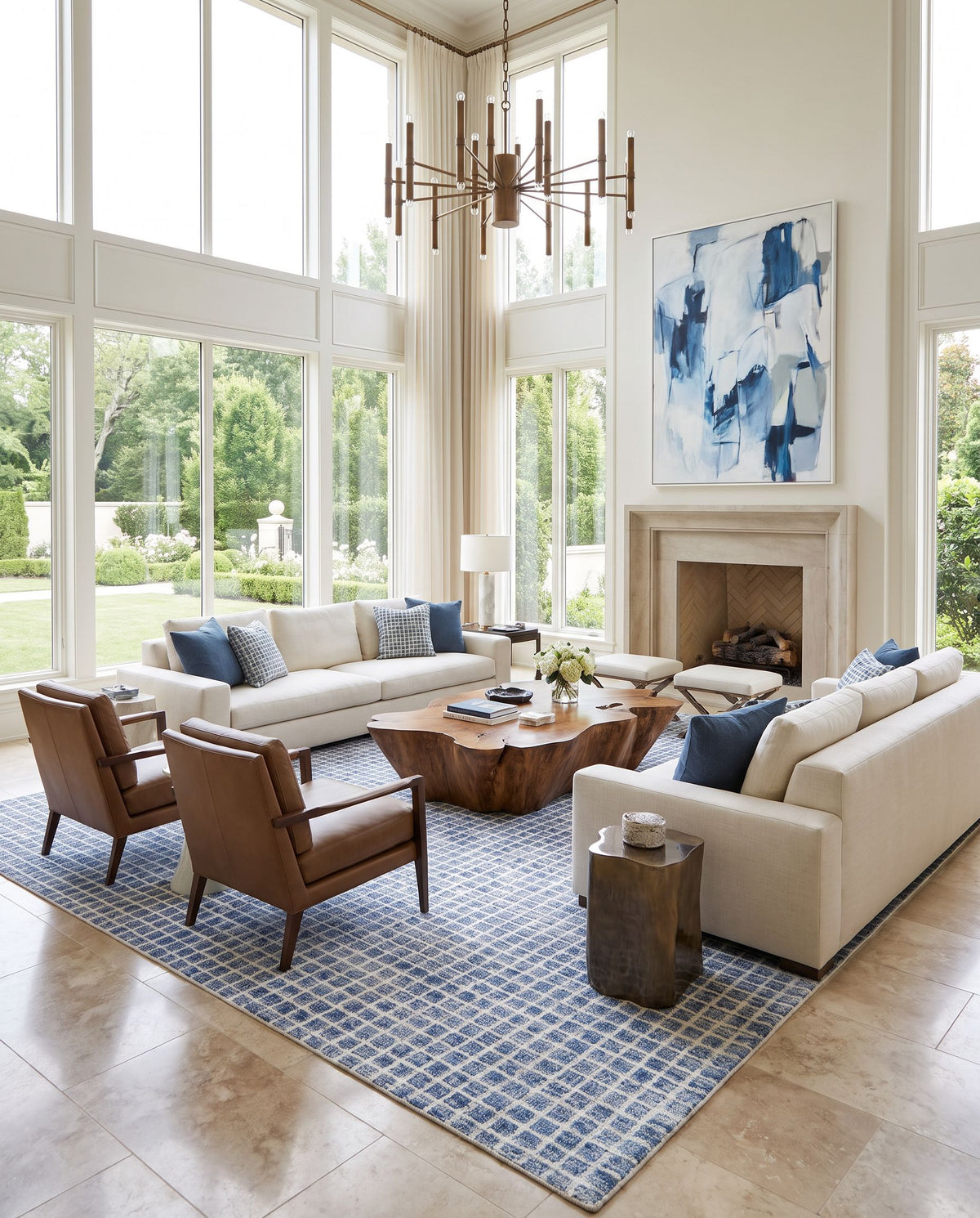 Presidio Hand Tufted Rug as the centerpiece of a bright luxury living room — a hand tufted area rug in warm neutral tones
