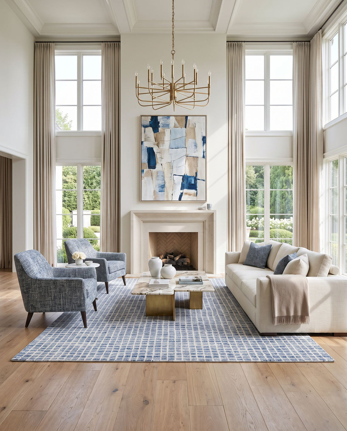 Presidio Hand Tufted Rug styled in an elegant designer living room — hand tufted area rug in warm neutral tones