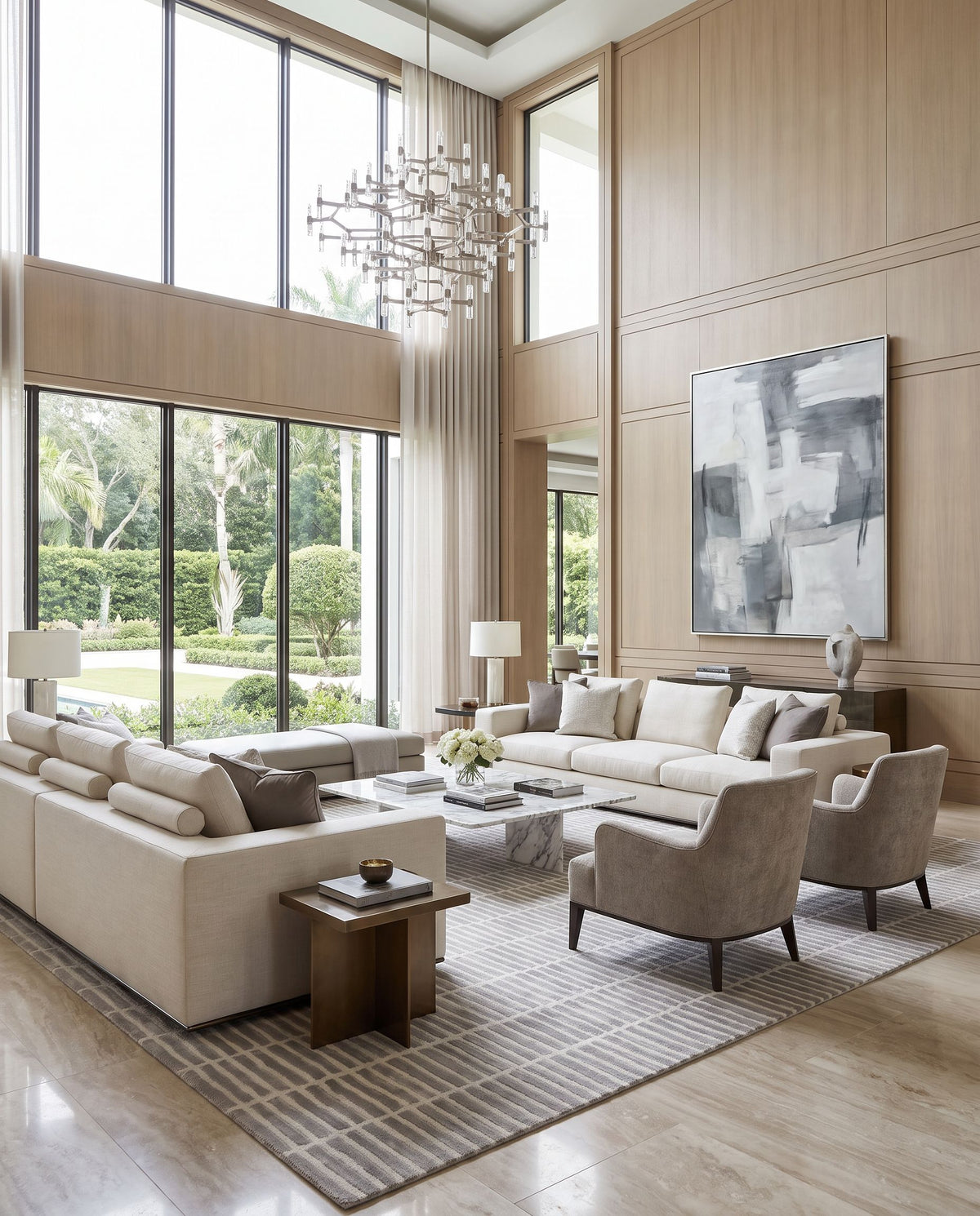 Patmos Hand Tufted Rug as the centerpiece of a bright luxury living room — a hand tufted modern area rug in warm neutral tones