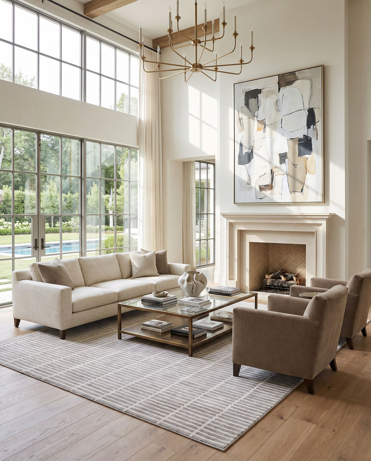 Patmos Hand Tufted Rug styled in an elegant designer living room — hand tufted modern area rug in warm neutral tones