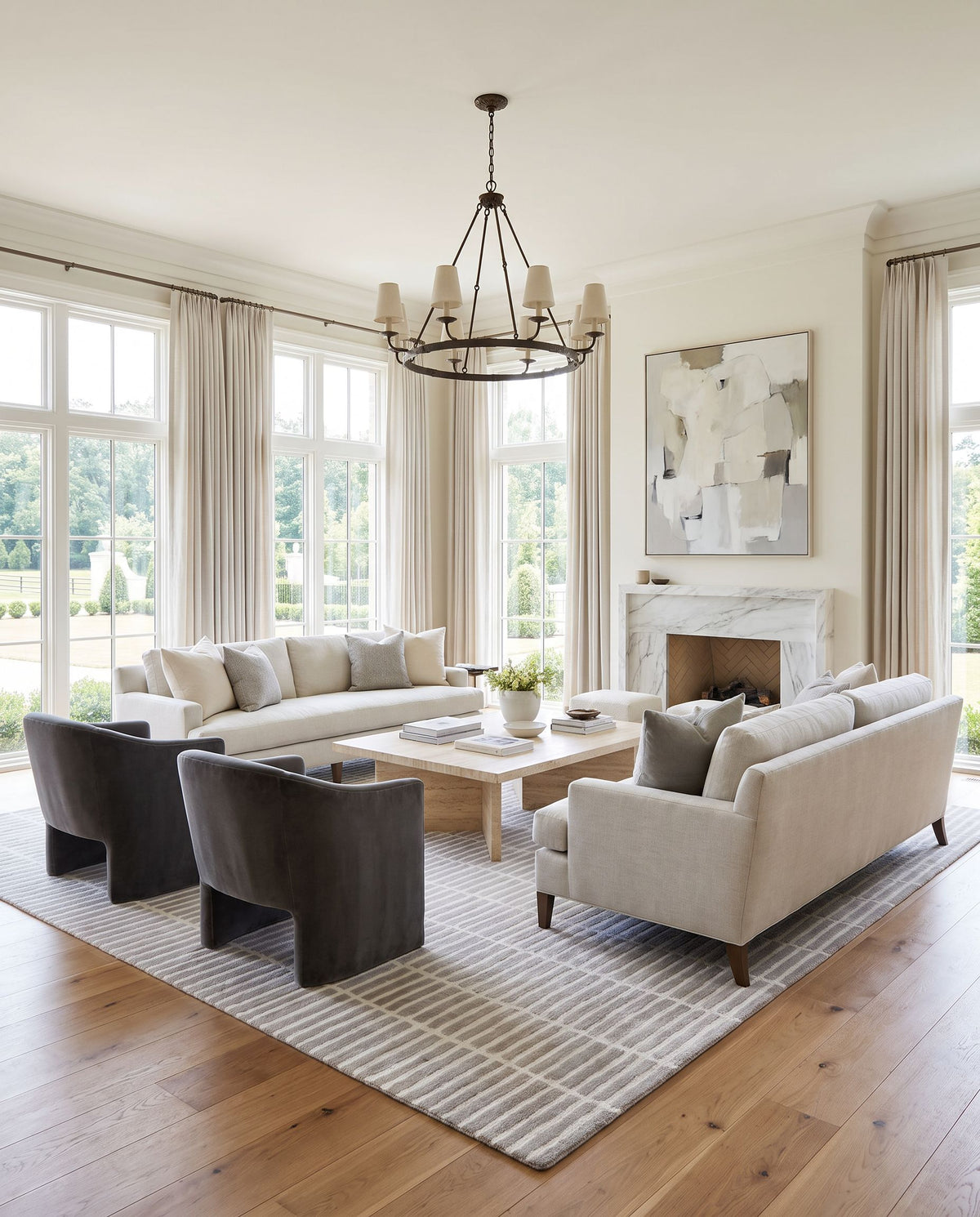 Patmos Hand Tufted Rug styled in an elegant designer living room — hand tufted modern area rug in warm neutral tones