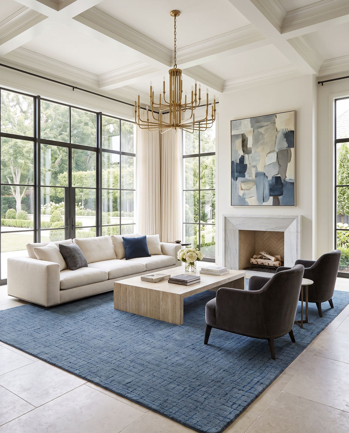 Porvoo Hand Tufted Rug as the centerpiece of a bright luxury living room — a hand tufted modern area rug in warm neutral tones