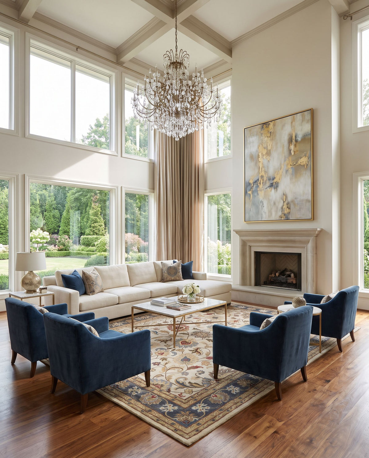 Recco Hand Tufted Rug styled in an elegant designer living room — hand tufted traditional area rug in dusty sage, denim, dark brown and rust tones