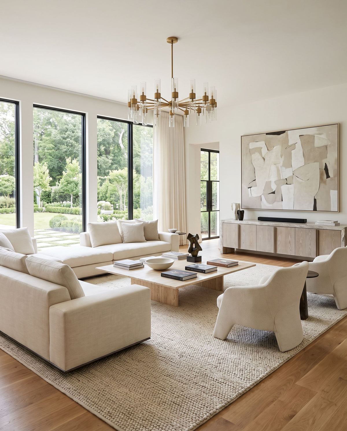 Sabanozu Hand Woven Rug styled in an elegant designer living room — hand woven global area rug in beige tones