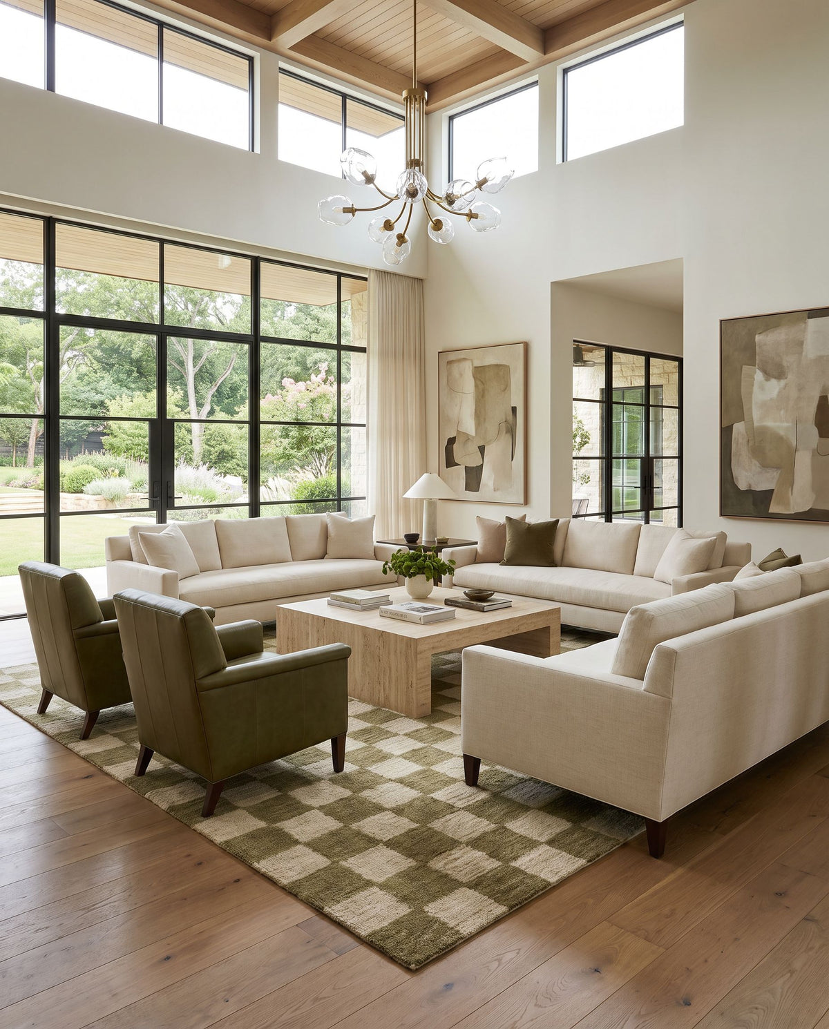Selcuk Hand Tufted Rug as the centerpiece of a bright luxury living room — a hand tufted modern area rug in olive green and beige tones