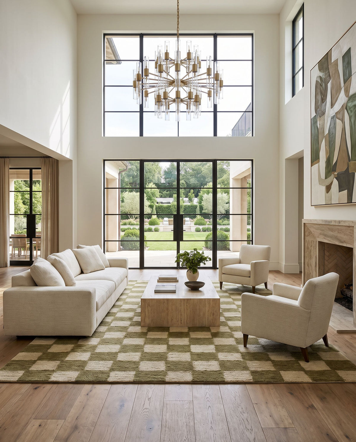Selcuk Hand Tufted Rug styled in an elegant designer living room — hand tufted modern area rug in olive green and beige tones