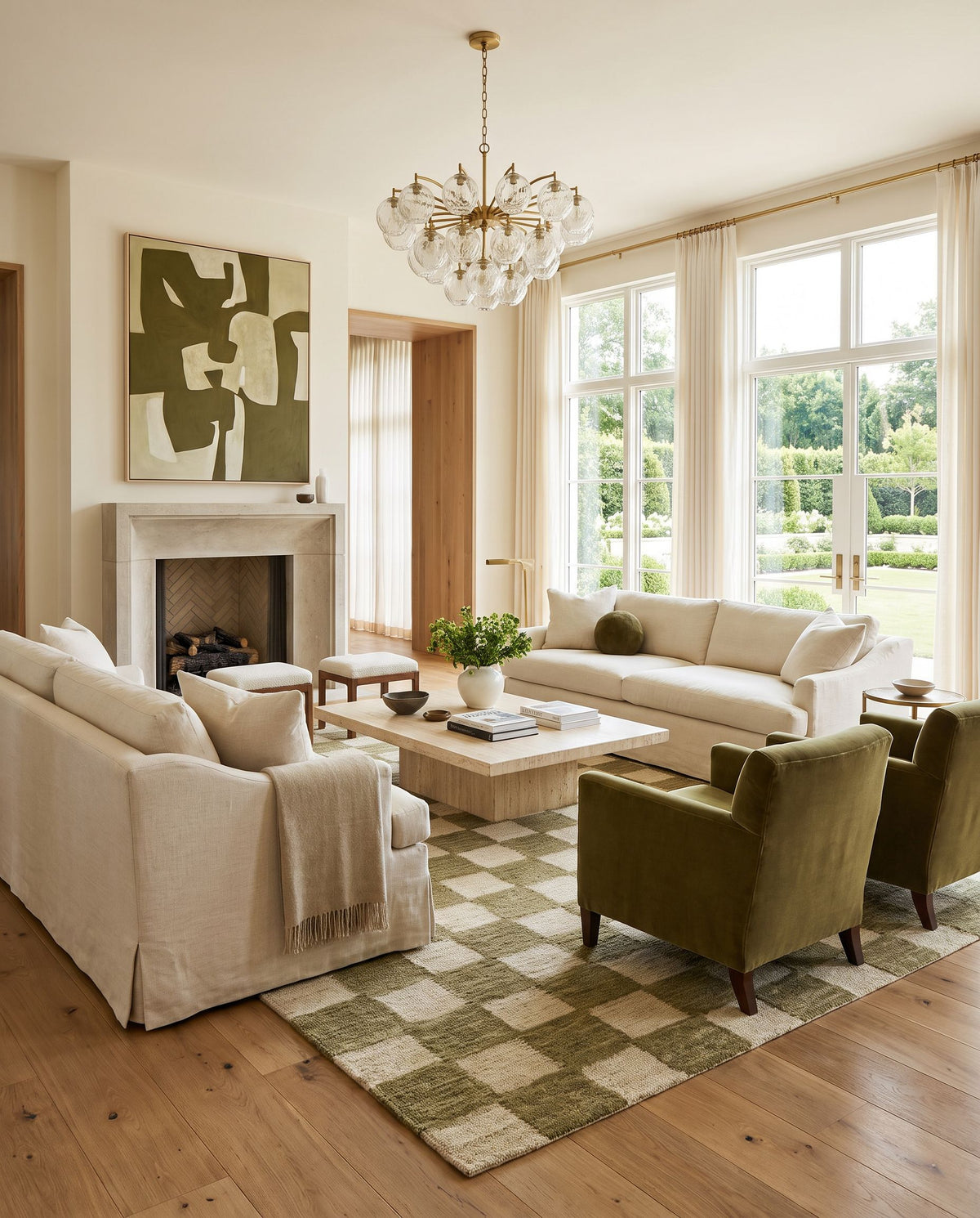 Selcuk Hand Tufted Rug styled in an elegant designer living room — hand tufted modern area rug in olive green and beige tones