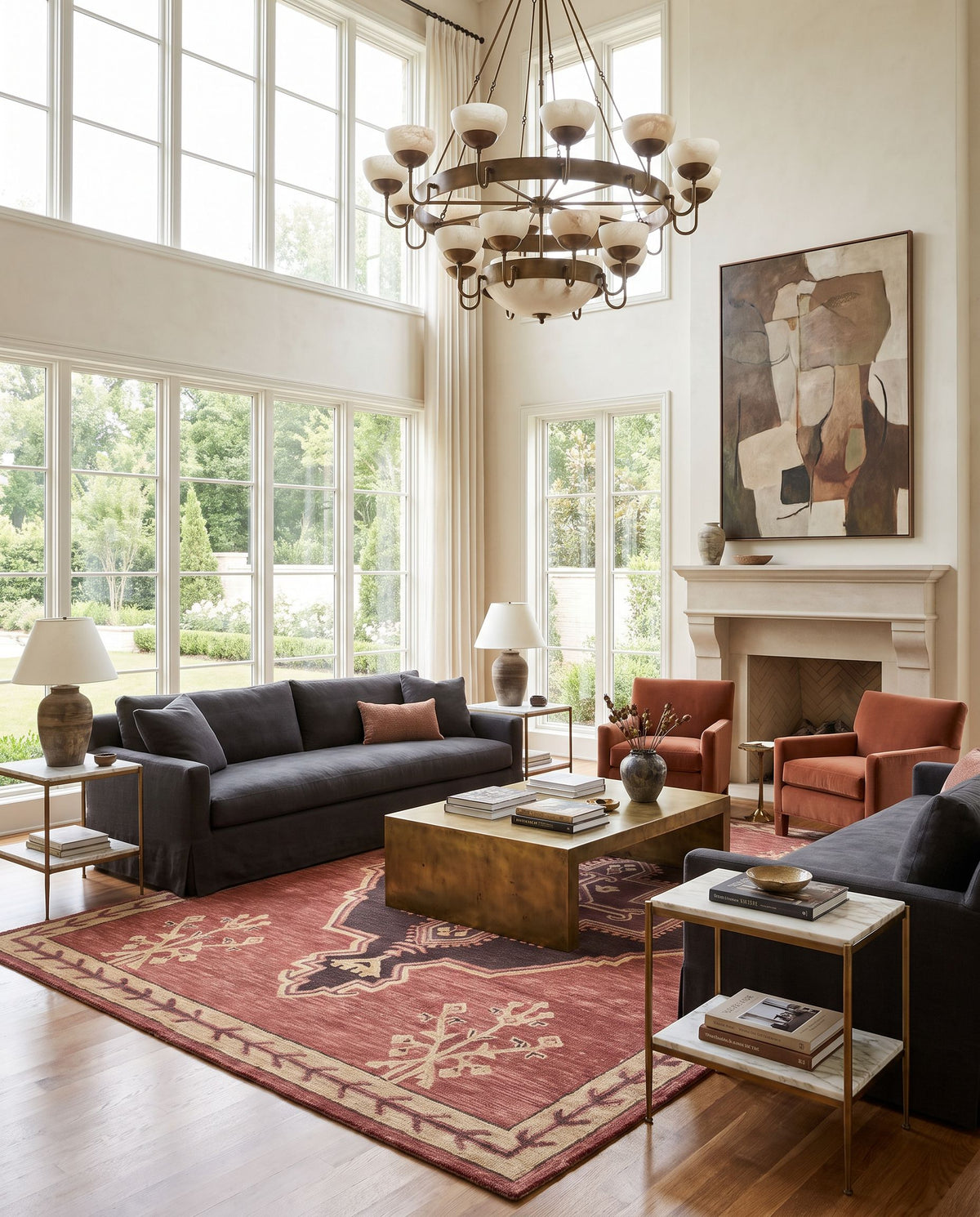 Serko Hand Tufted Rug as the centerpiece of a bright luxury living room — a hand tufted global area rug in warm neutral tones
