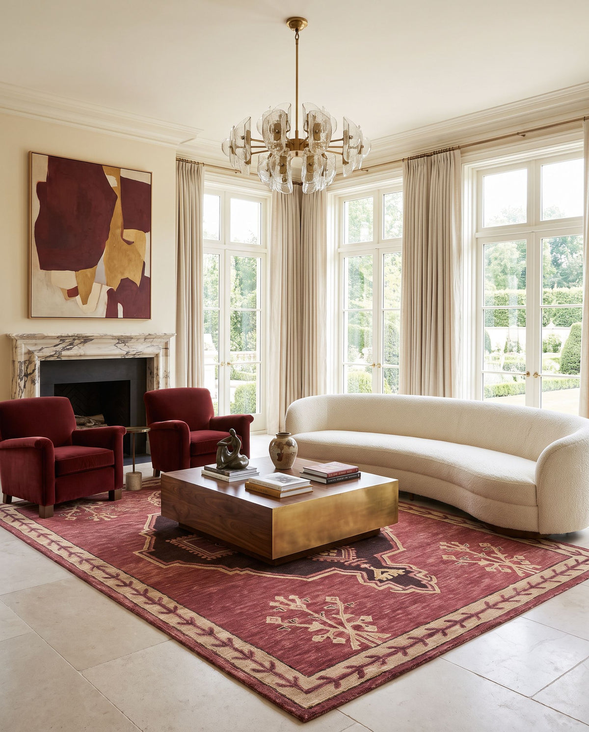 Serko Hand Tufted Rug styled in an elegant designer living room — hand tufted global area rug in warm neutral tones