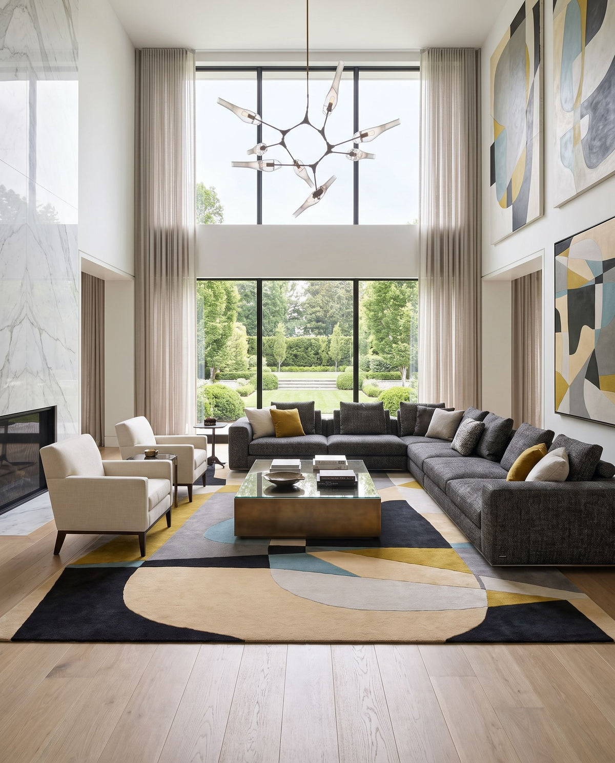 Signe Hand Tufted Rug as the centerpiece of a bright luxury living room — a hand tufted modern area rug in olive, dusty sage, charcoal and black tones