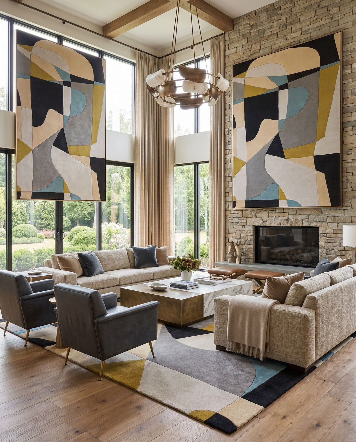 Signe Hand Tufted Rug styled in an elegant designer living room — hand tufted modern area rug in olive, dusty sage, charcoal and black tones