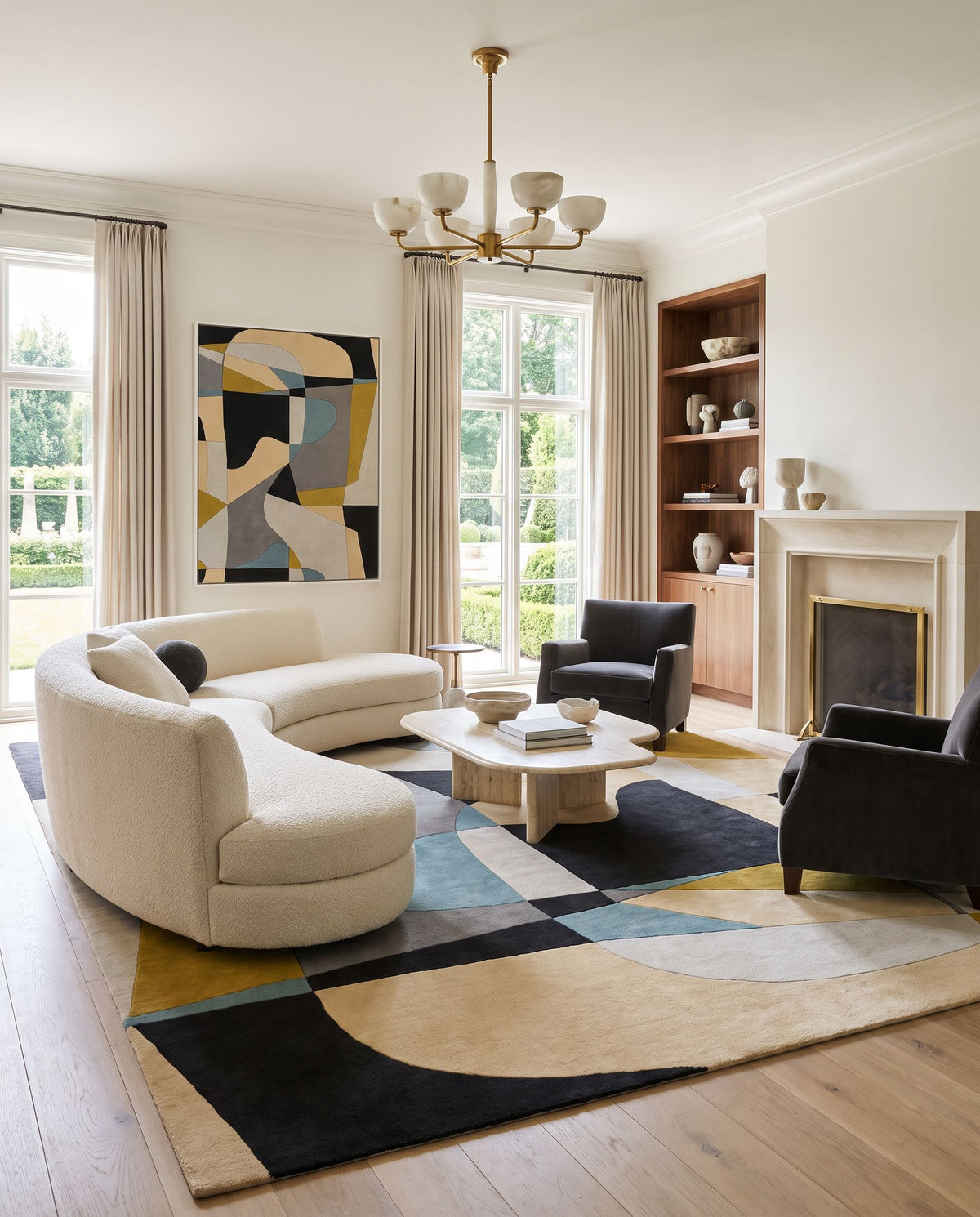 Signe Hand Tufted Rug styled in an elegant designer living room — hand tufted modern area rug in olive, dusty sage, charcoal and black tones