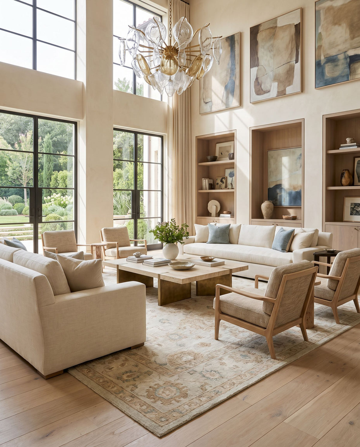 Serkomen Hand Tufted Rug as the centerpiece of a bright luxury living room — a hand tufted traditional area rug in warm neutral tones