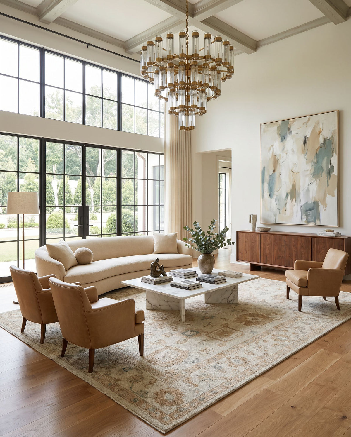 Serkomen Hand Tufted Rug styled in an elegant designer living room — hand tufted traditional area rug in warm neutral tones